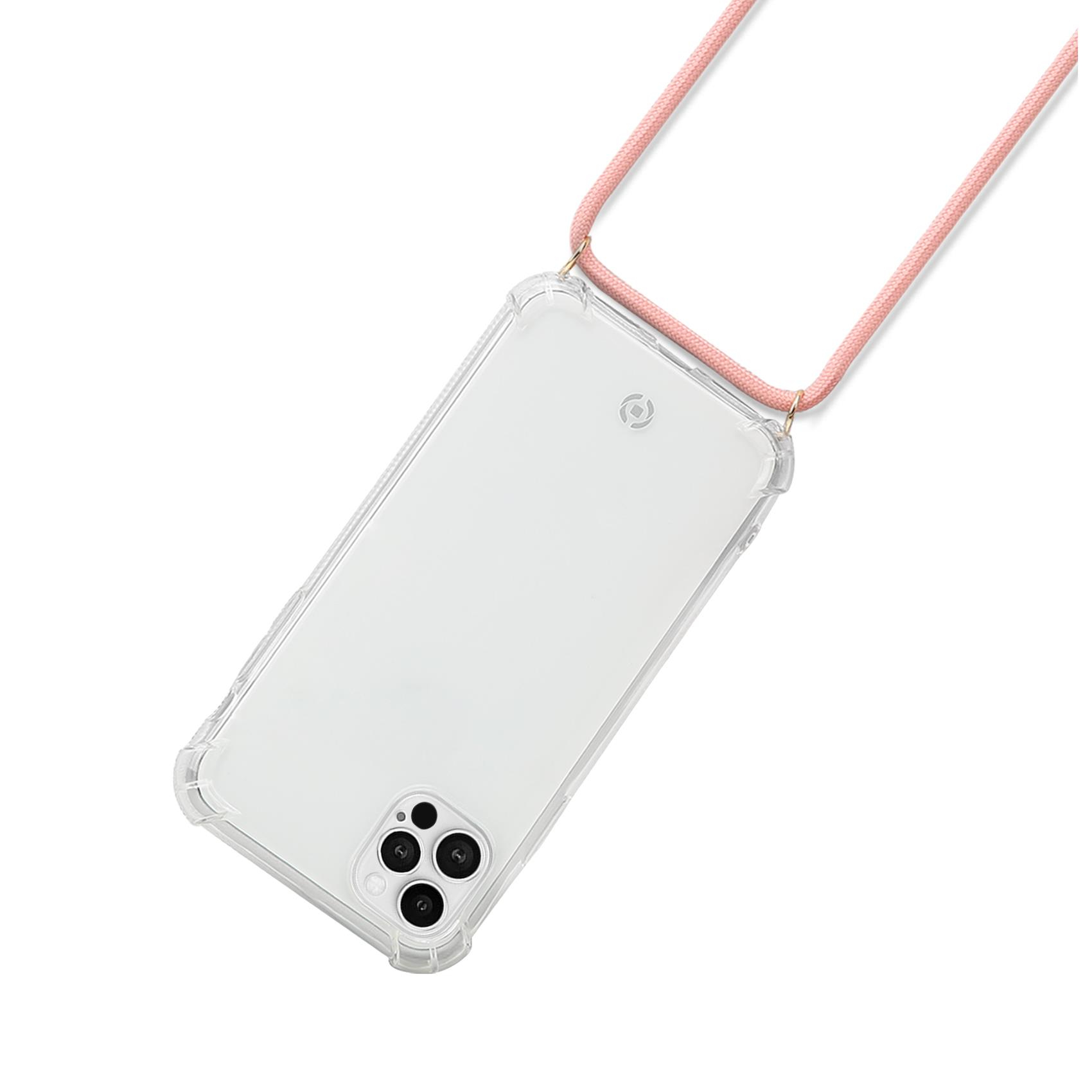 Una custodia trasparente per telefono con un cordino rosa è appesa su bianco.
