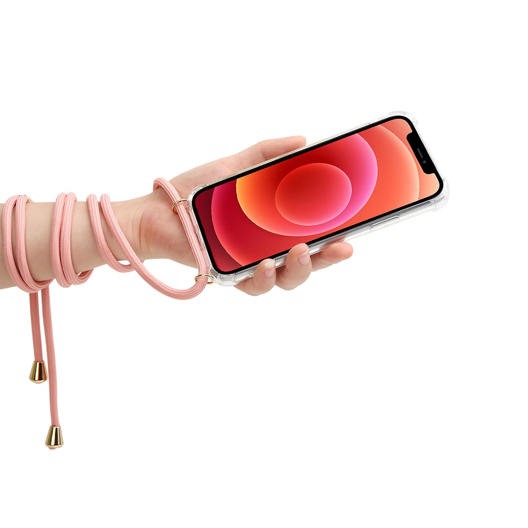 Mano che tiene un telefono con un cavo avvolto. Il telefono ha un cavo rosa.