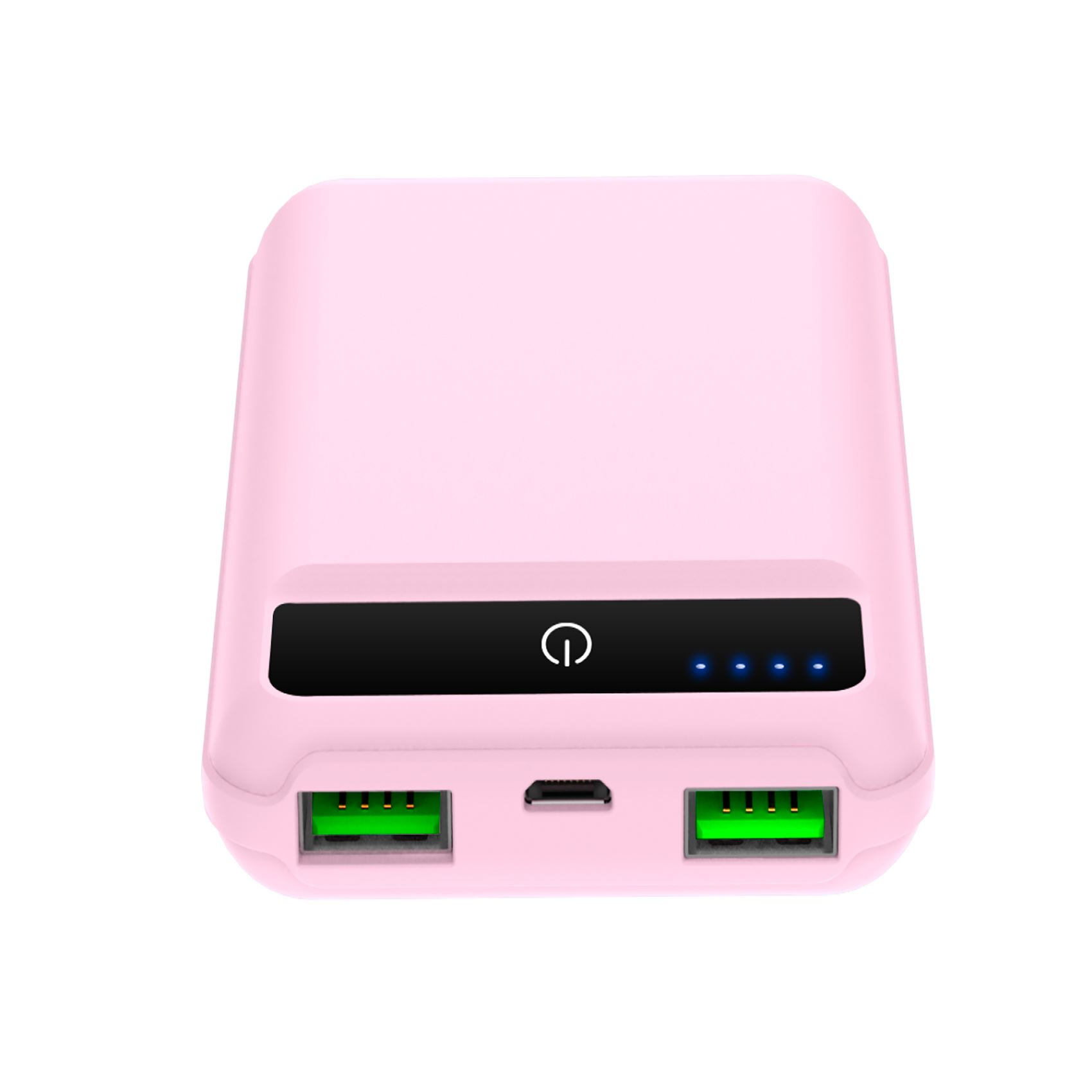 Power bank rosa. Ha un pulsante di accensione e quattro spie blu, due porte USB.