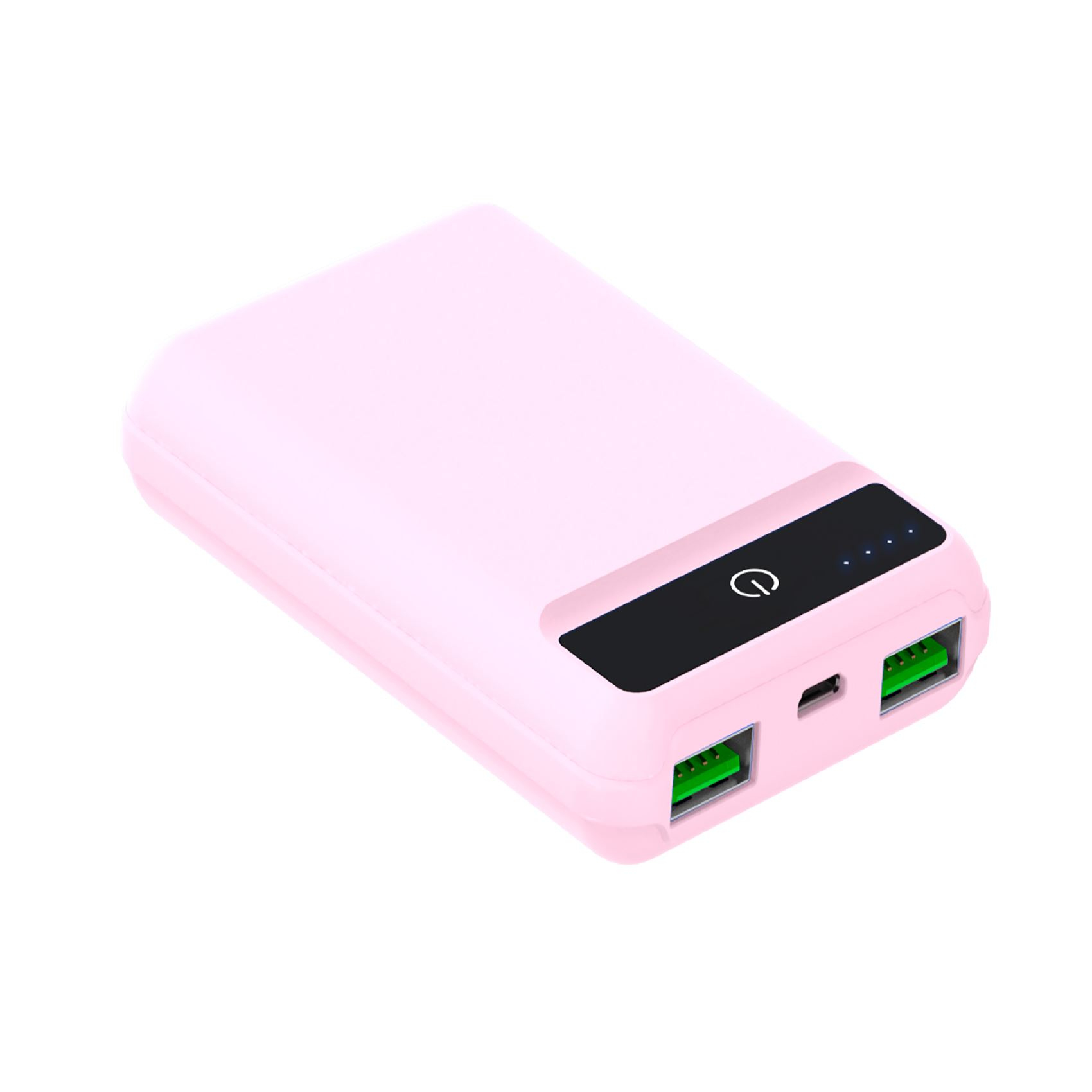 Power bank rosa. Pulsante di accensione, quattro spie e due porte USB.