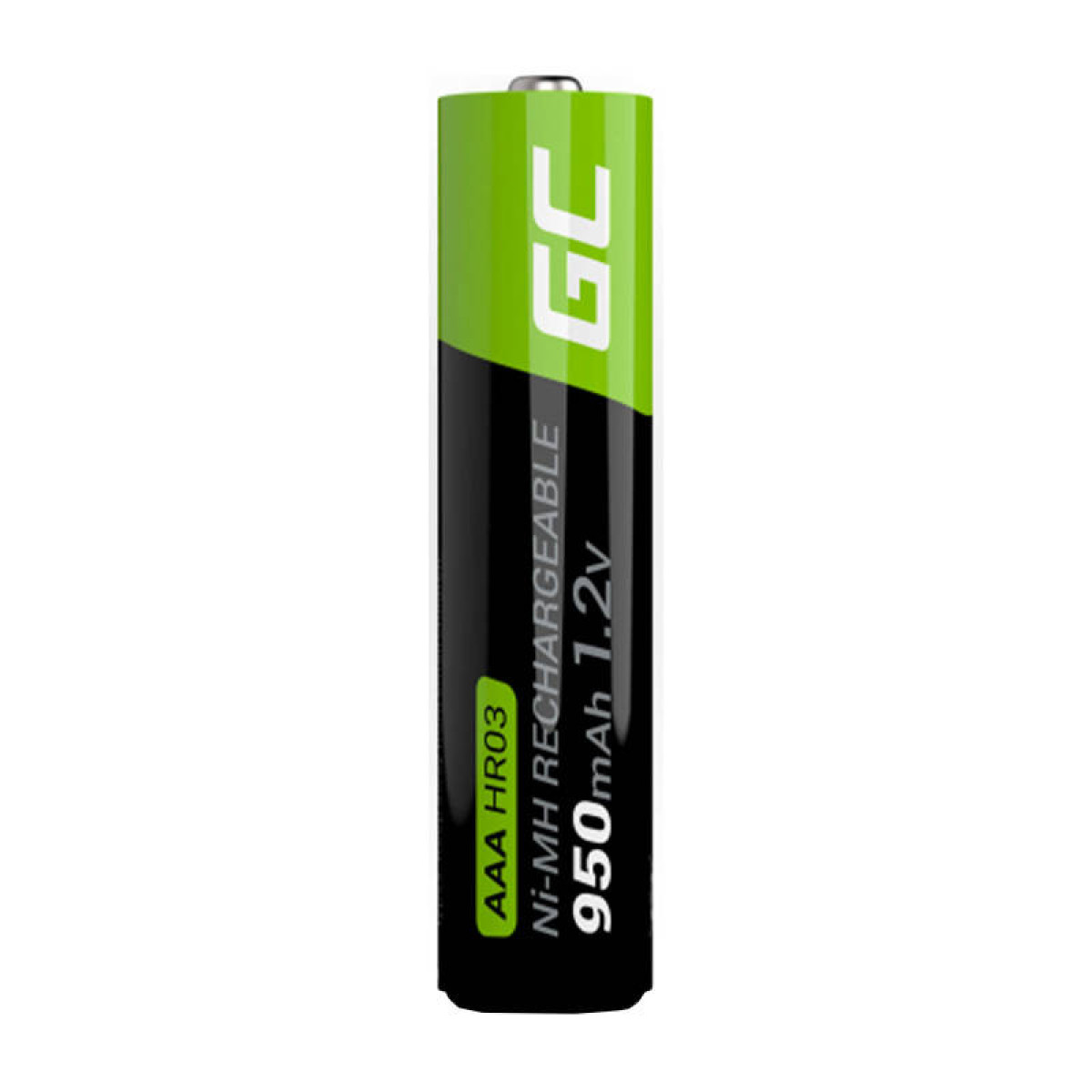 AAA-Batterie mit grün-schwarzem Etikett. Aufschrift: 'Ni-MH Rechargeable' und '1.2V'.