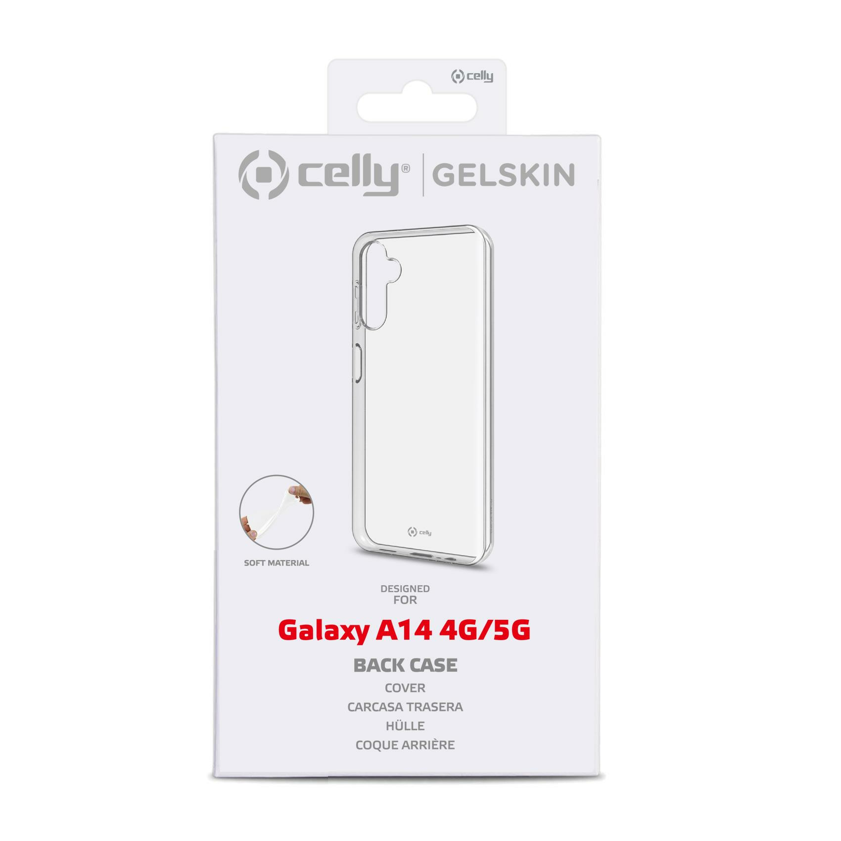 Scatola di custodia trasparente per telefono. Dice 'Galaxy A14 4G/5G' e 'Back Case'.