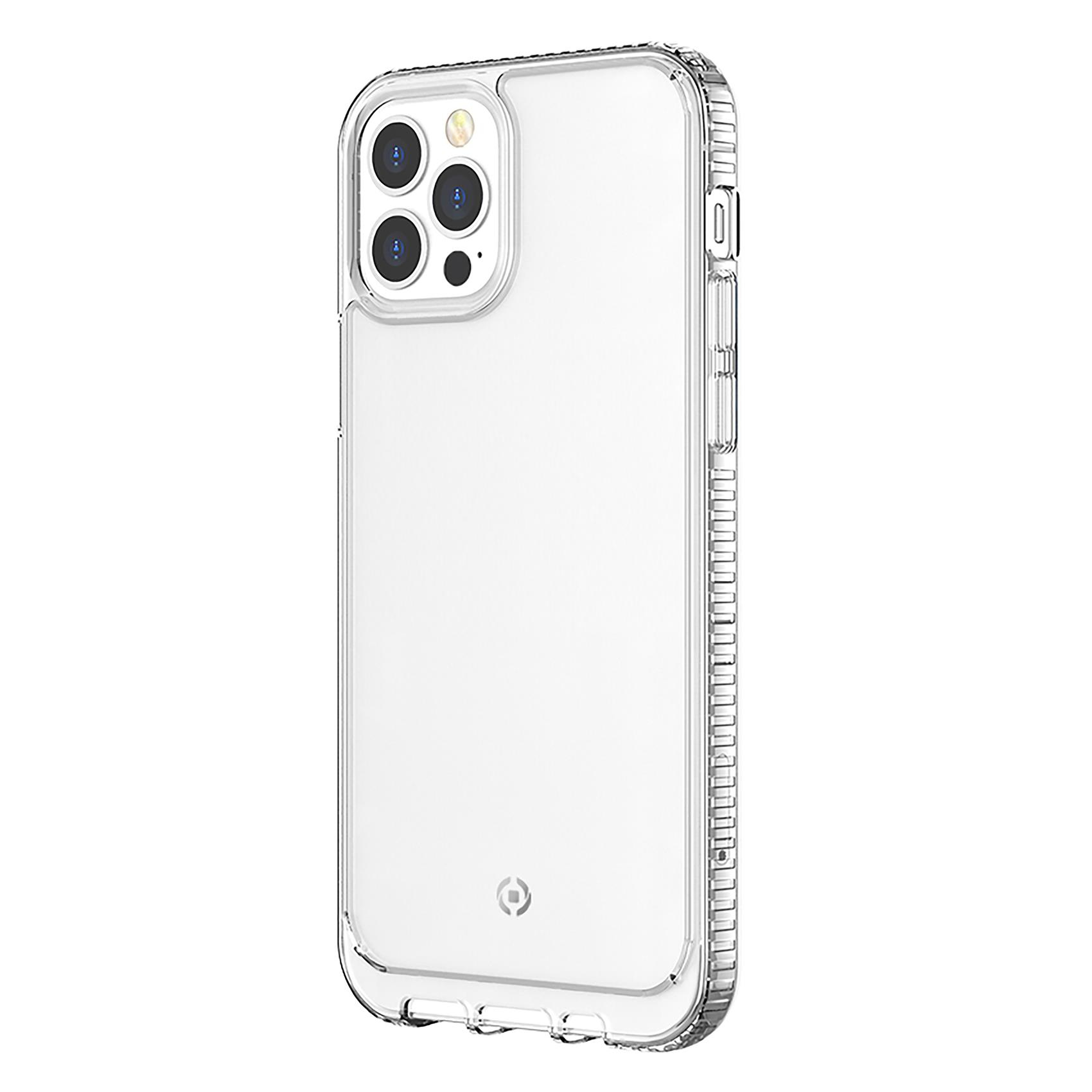 Custodia trasparente per telefono su un telefono. Il telefono ha tre lenti della fotocamera. Isolato.