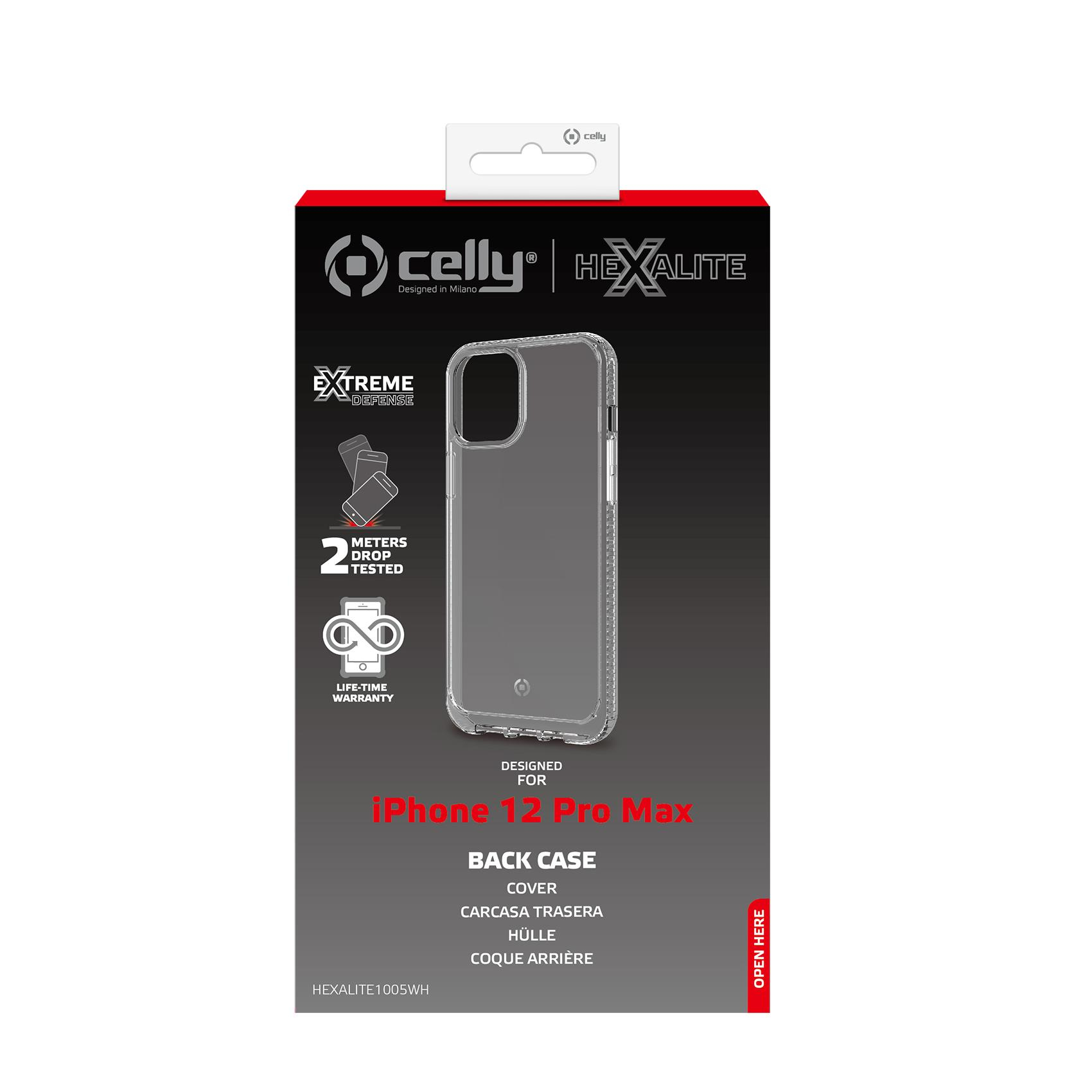 Scatola nera di custodia per telefono. Dice 'iPhone 12 Pro Max' e 'Back Case'.
