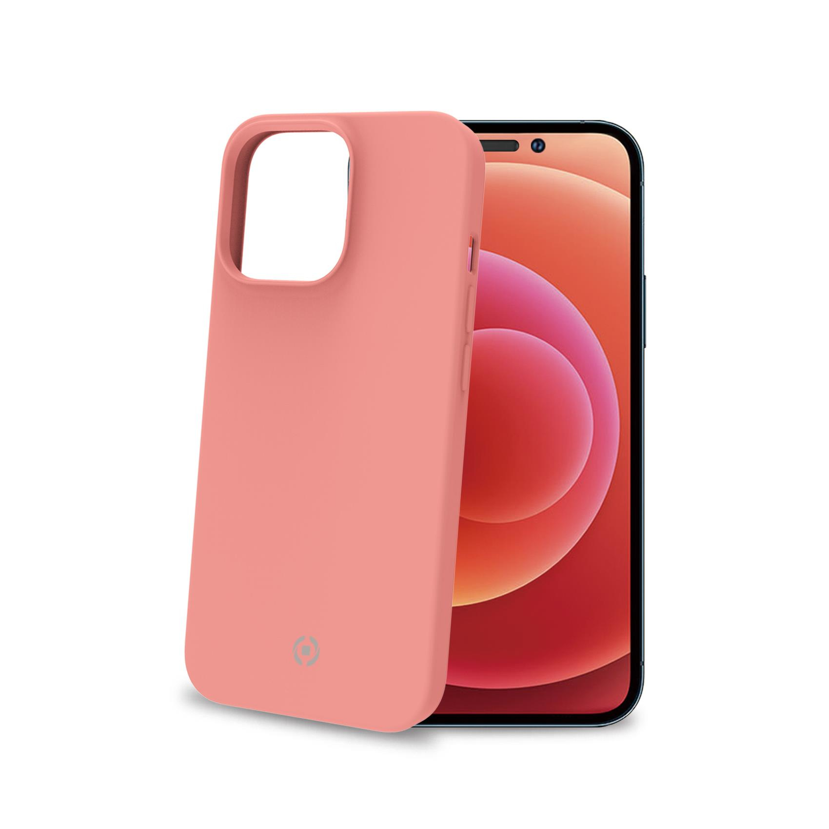 Una custodia color corallo accanto a un iPhone. Lo schermo è visibile.