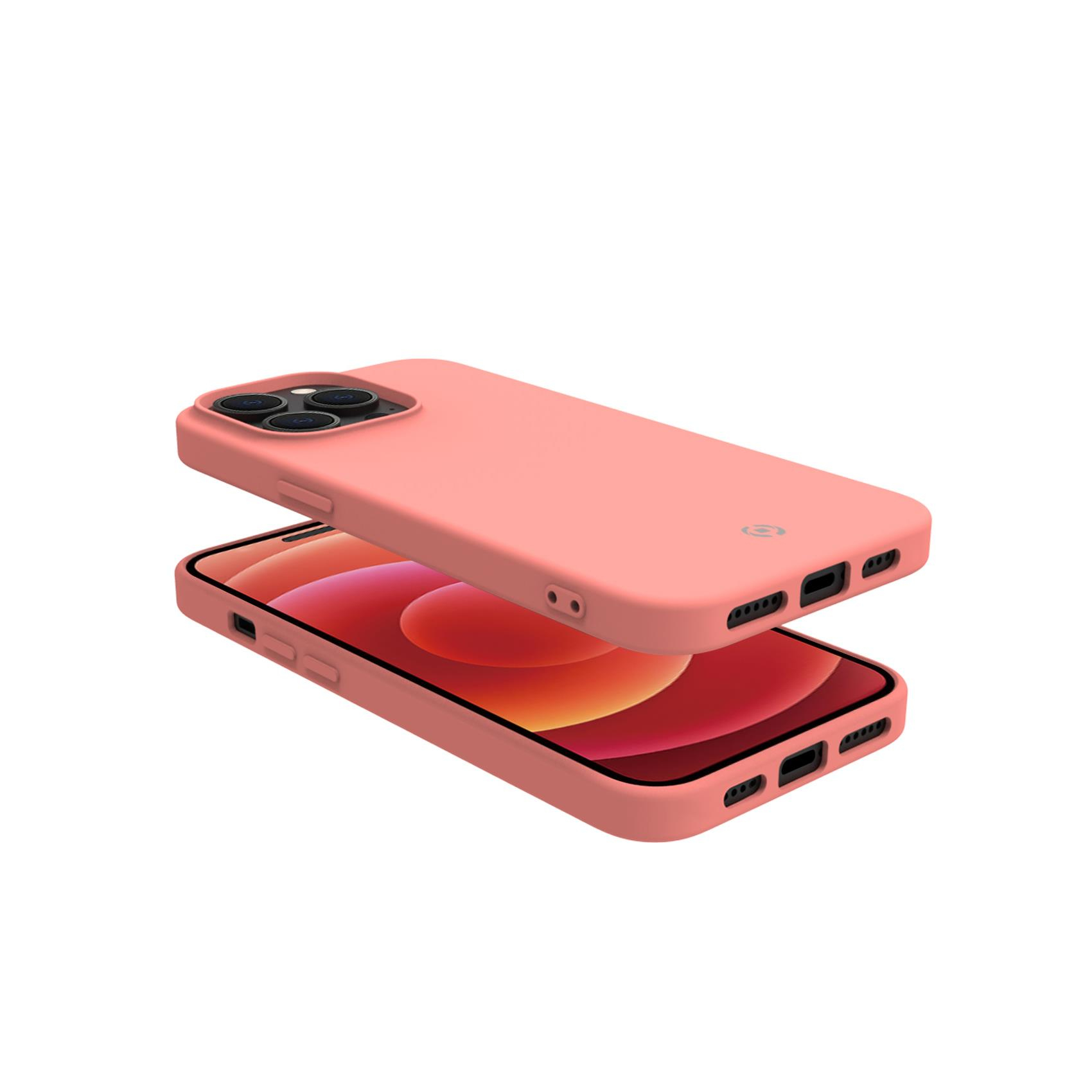 Due custodie per telefono color corallo. Quella superiore è sopra un iPhone.