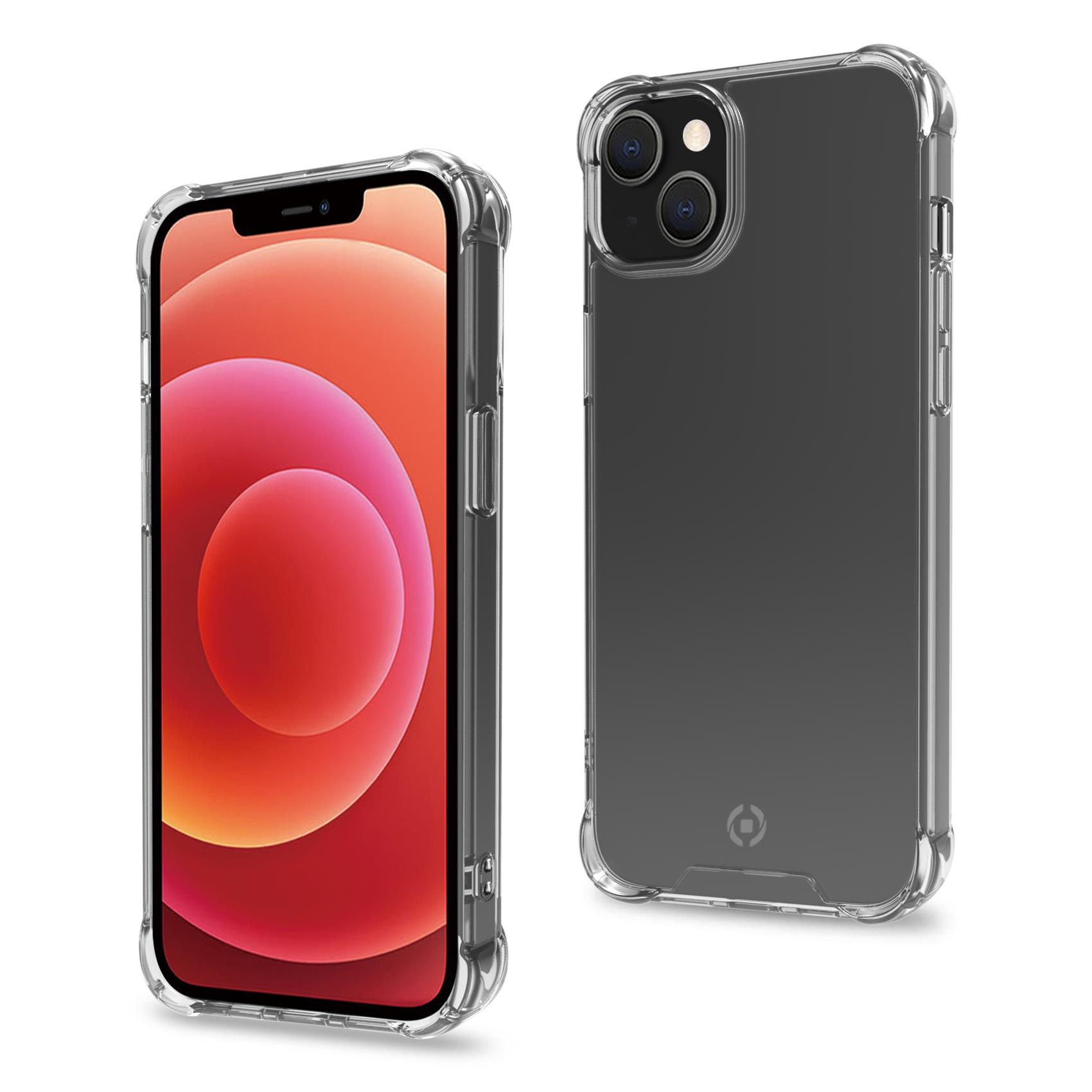 Custodia trasparente per telefono su un telefono. Il telefono ha due lenti della fotocamera. Isolato.