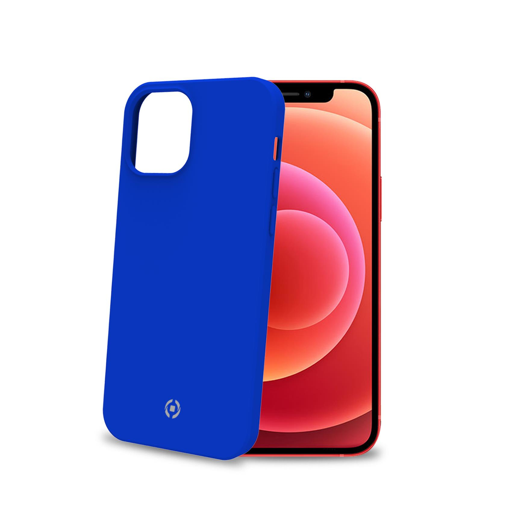 Una custodia blu accanto a un iPhone. Lo schermo è visibile.