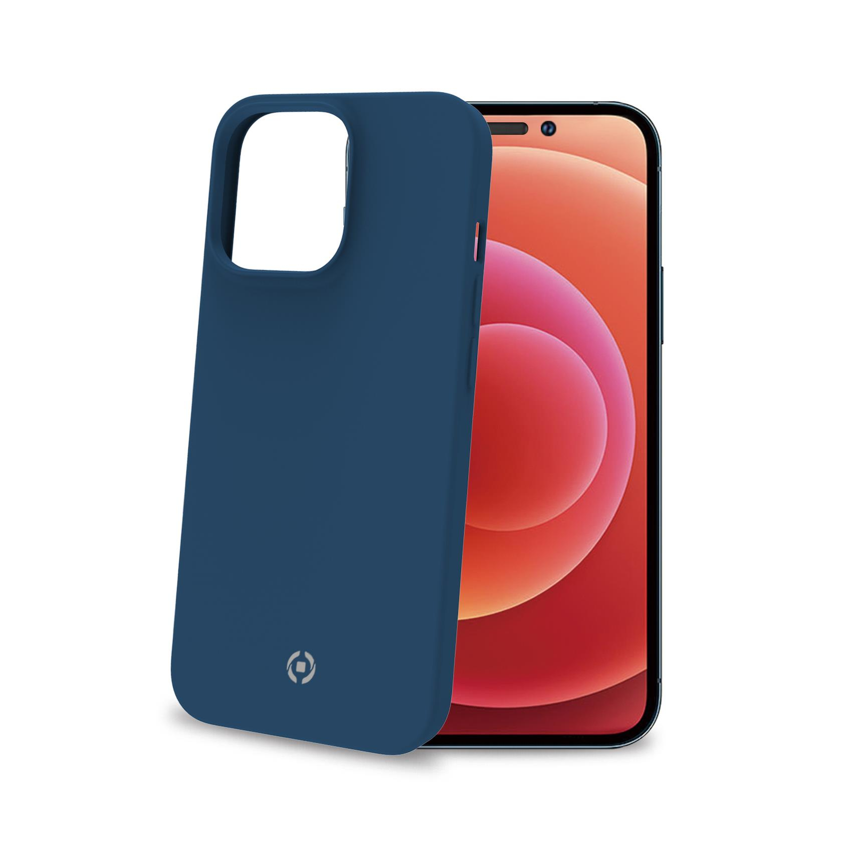 Una custodia blu navy accanto a un iPhone. Lo schermo è visibile.