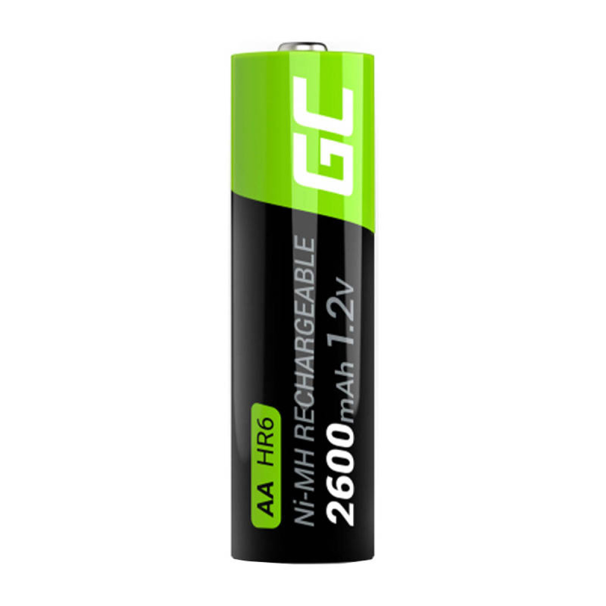 Pila ricaricabile AA HR6. Colori verde, nero e bianco. La batteria è isolata su sfondo bianco.