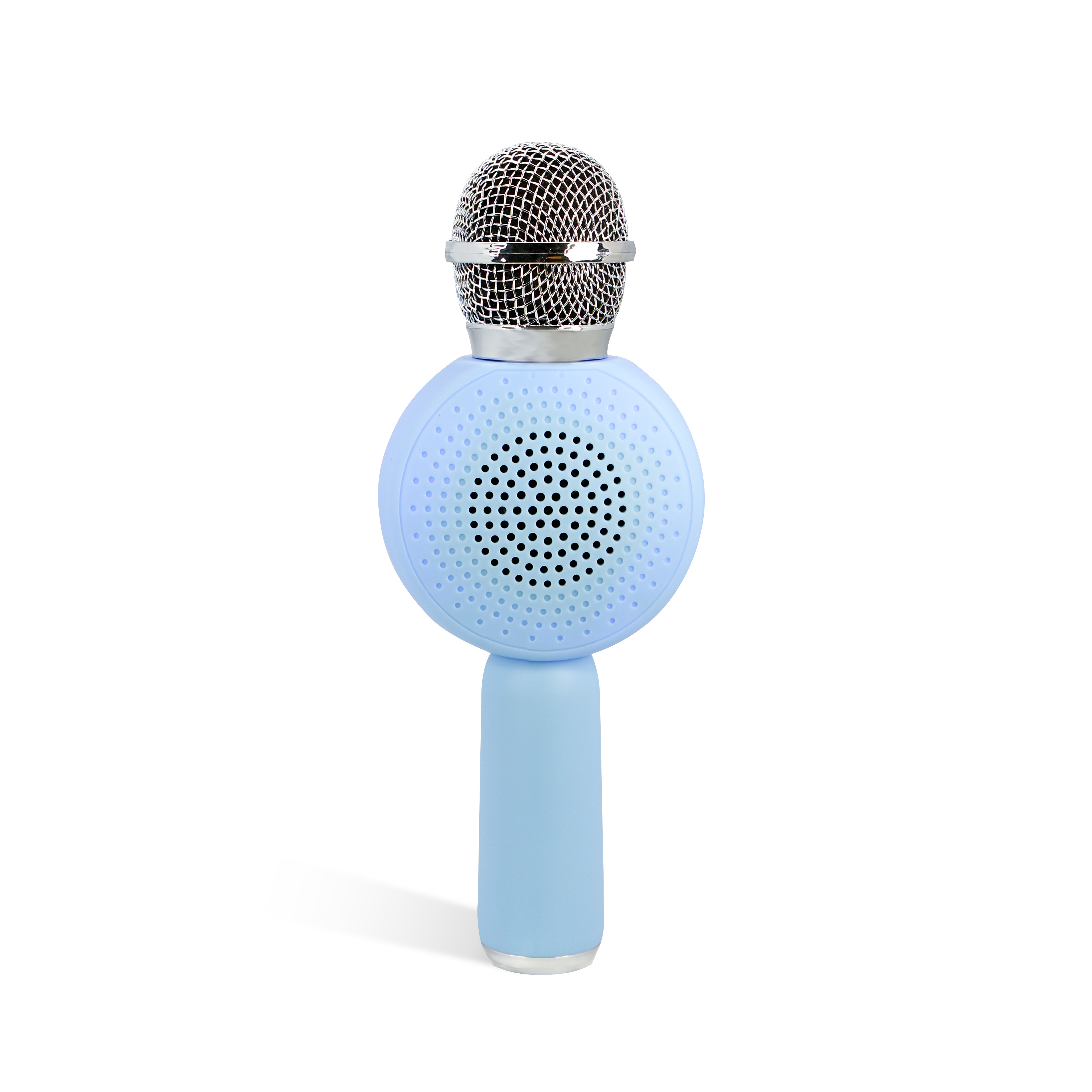 A light blue microphone with a speaker, on a white background.