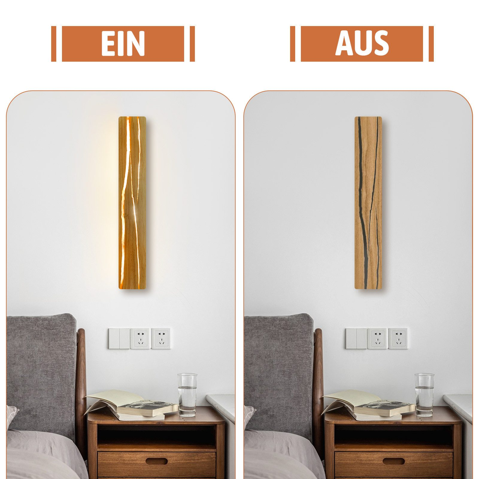 Dwa zdjęcia lampy ściennej, włączonej i wyłączonej.