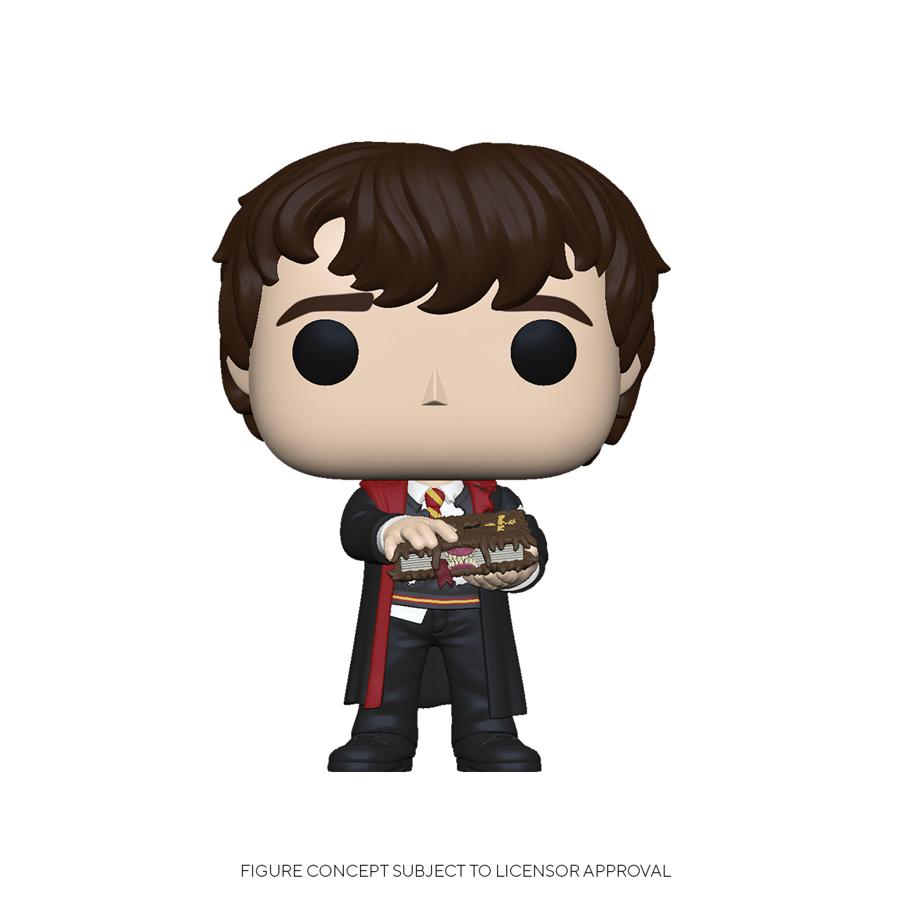 Figurka Funko Pop chłopca w szacie Harry'ego Pottera, trzymającego książkę. Tło jest białe.