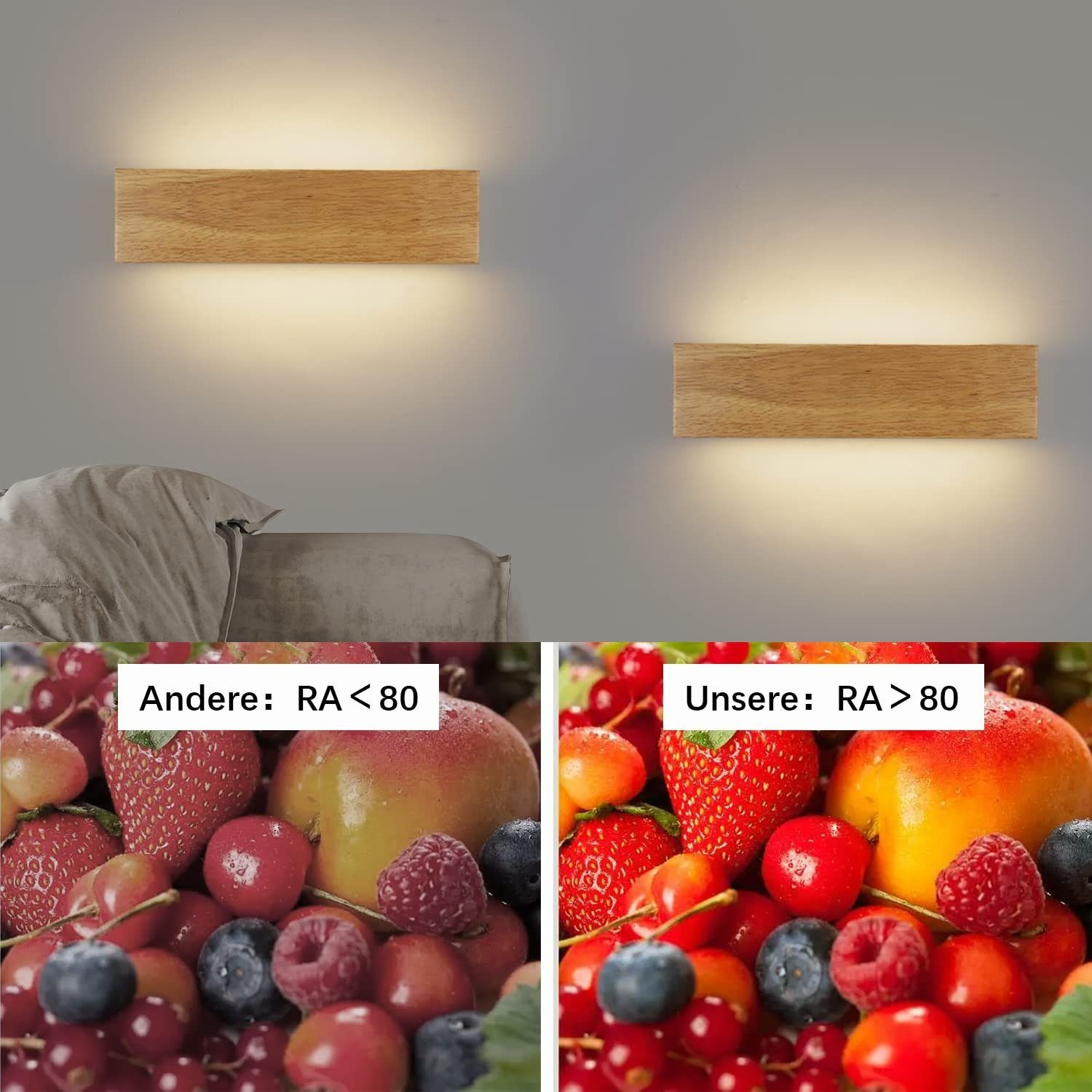 Due luci in legno su muro grigio, con frutta sotto.