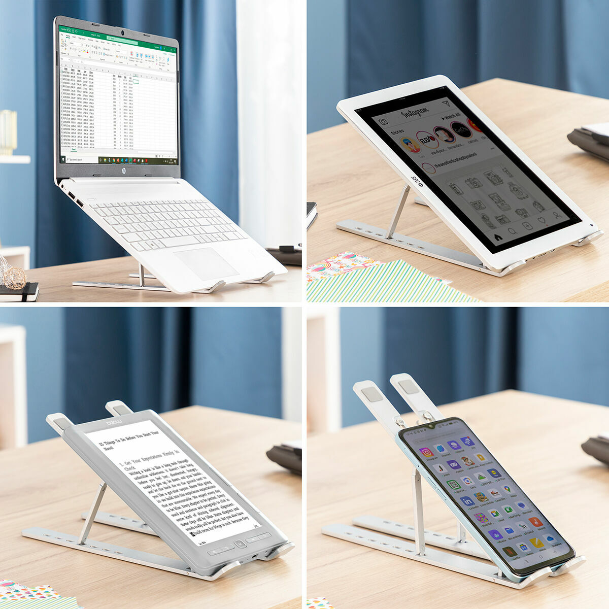 Ein Ständer, der einen Laptop, ein Tablet, einen E-Reader und ein Telefon hält.