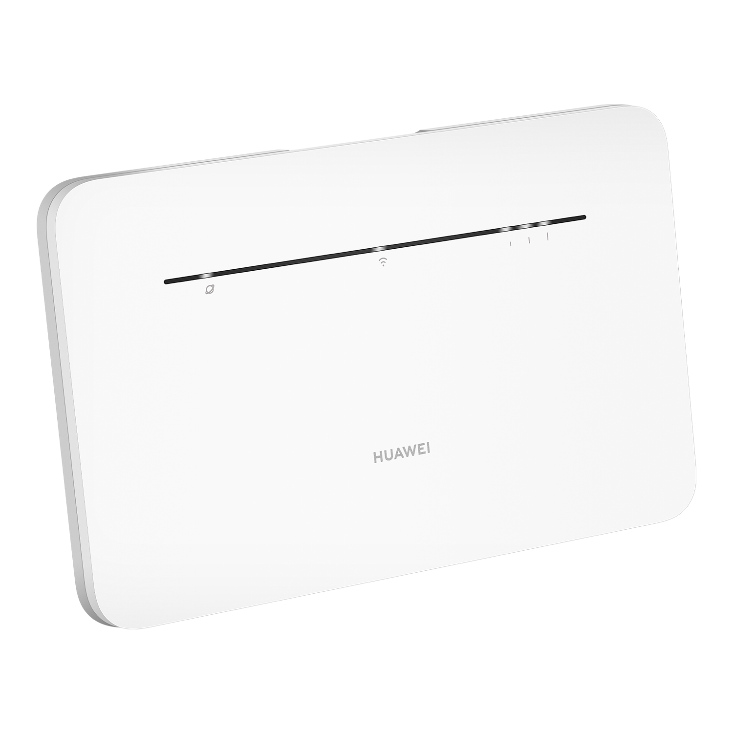 Biały router Huawei, widok z boku, ze wskaźnikami i logo Huawei.