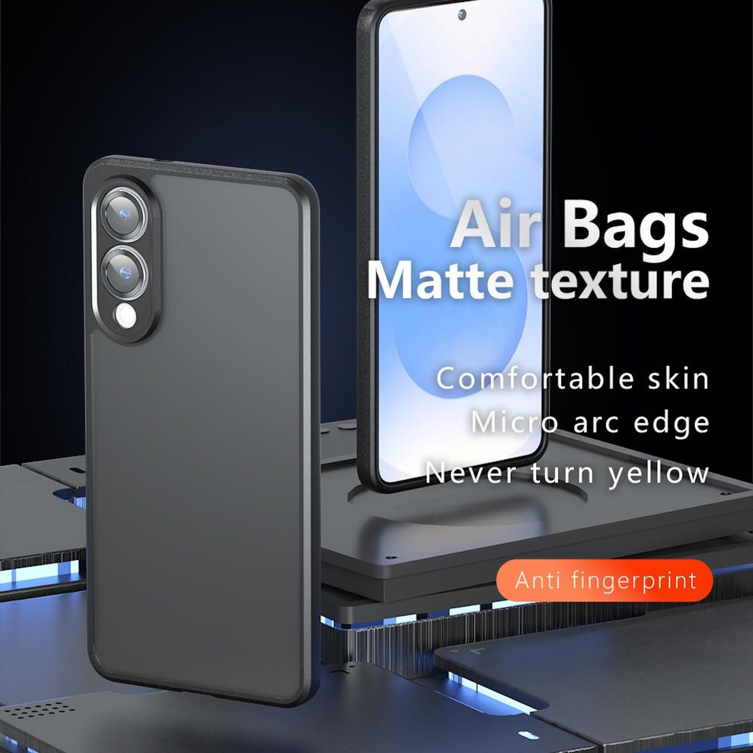 Schwarze Handyhülle mit Telefon. Es hat eine matte Textur und Anti-Fingerabdruck-Funktionen.