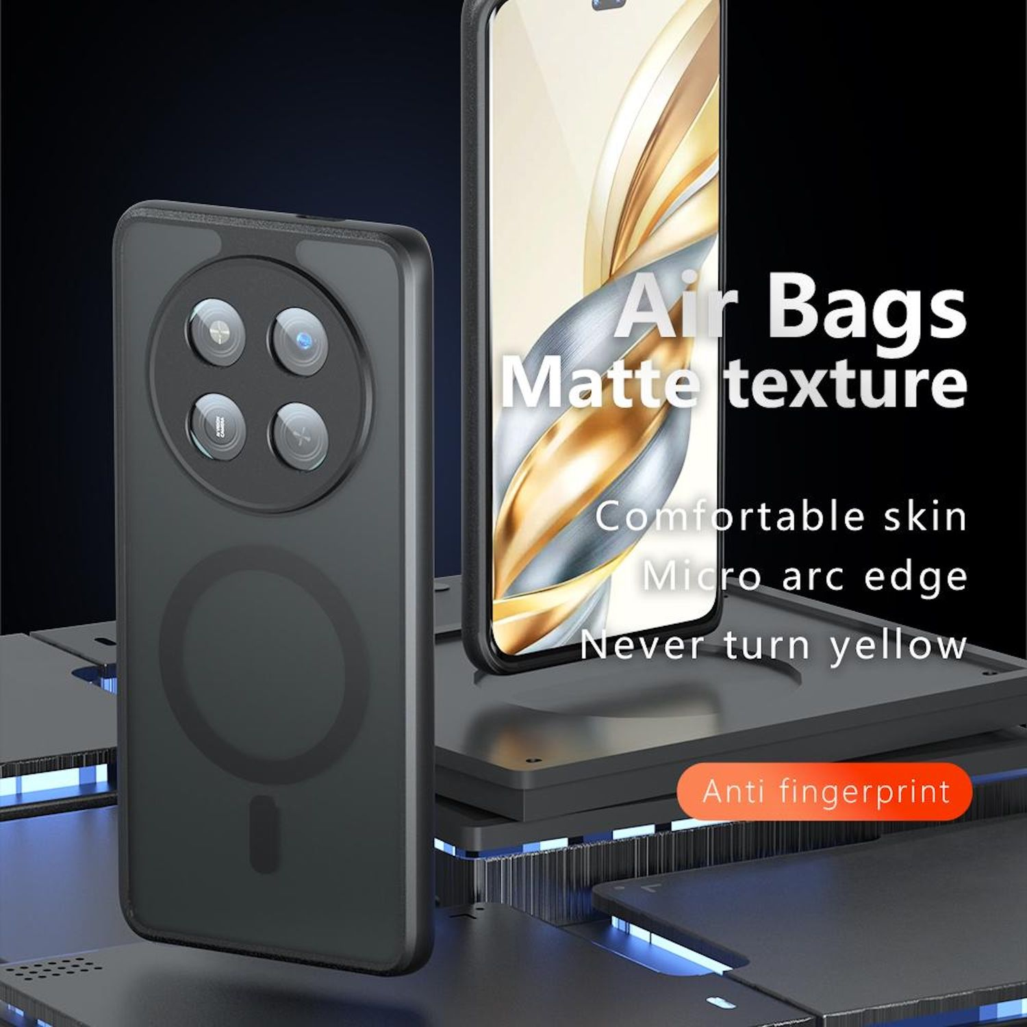 Zwei Handyhüllen mit unterschiedlichen Winkeln werden gezeigt. Sie sind schwarz und haben eine Airbag-Textur.