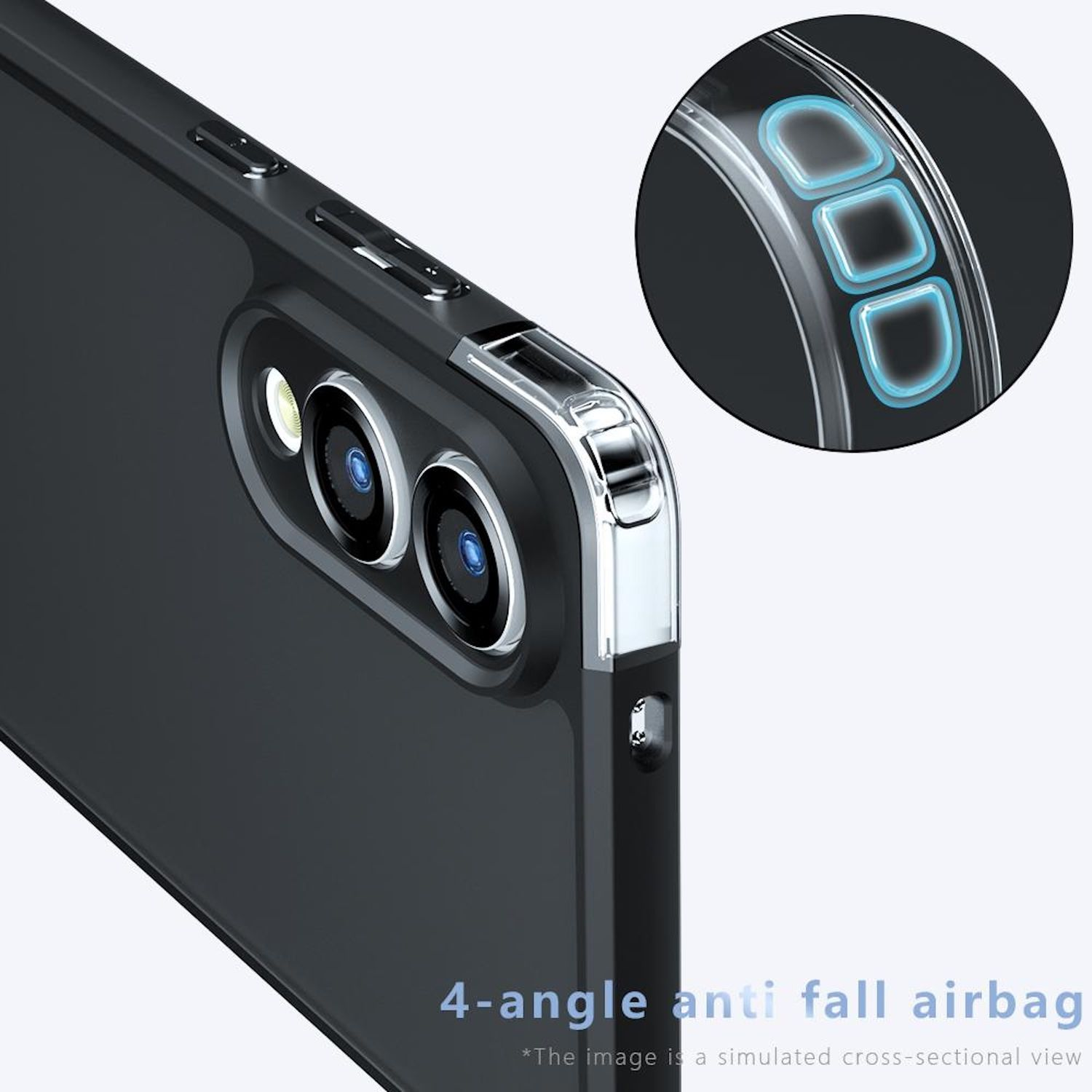 Eine Handyhülle wird mit den Details der Kamera und der Tasten gezeigt. Es schützt das Telefon.