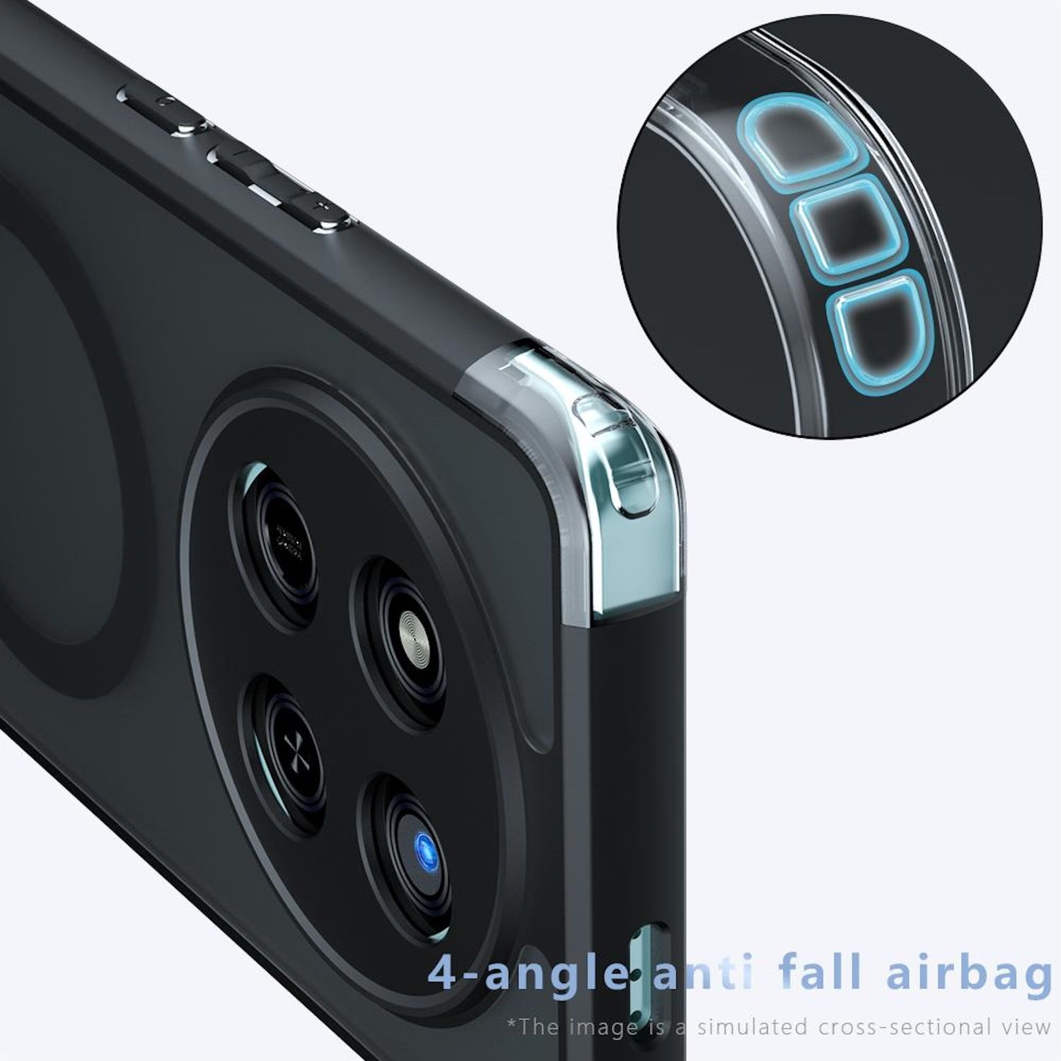 Schwarze Telefonhülle mit transparentem Bereich und blauen Knöpfen. Weißer Hintergrund.