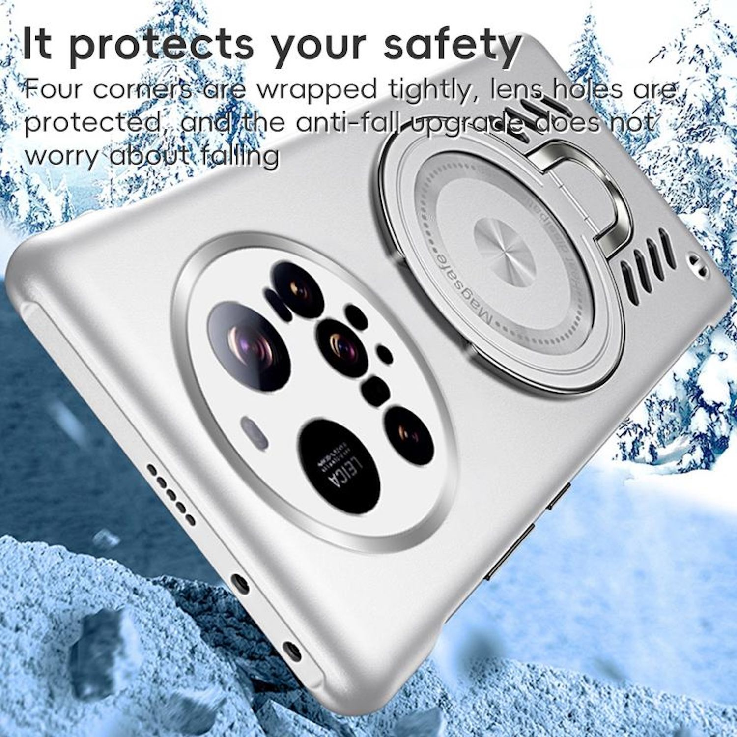 Silberne Handyhülle mit Kameraring und MagSafe. Die Hülle liegt auf Schnee.