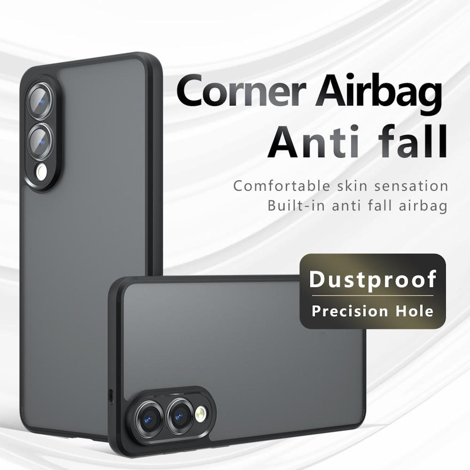 Dunkelgraue Handyhüllen mit Text 'Corner Airbag Anti fall' und 'Dustproof'.