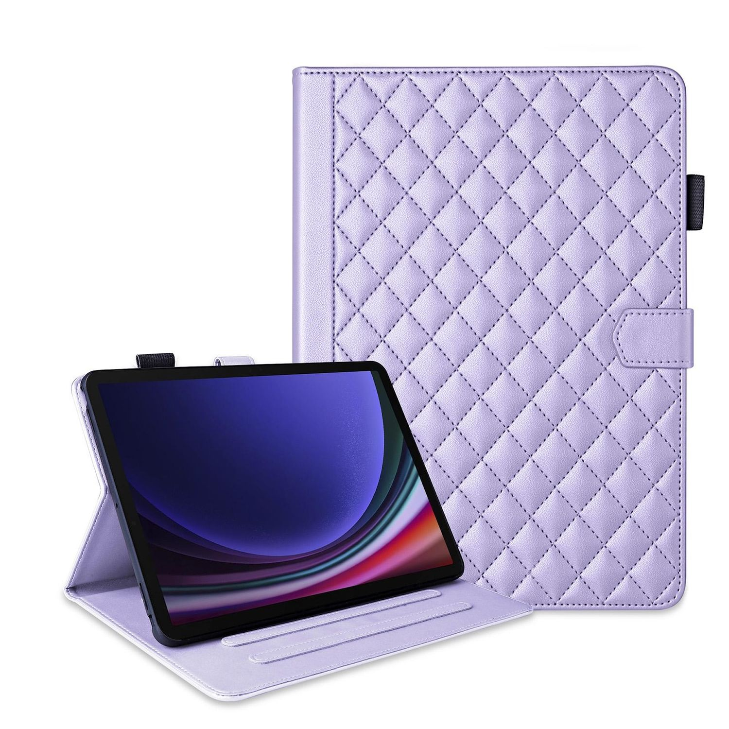 Lilafarbene Tablet-Hülle mit Steppmuster. Das Tablet ist mit geöffneter Hülle aufgestellt.