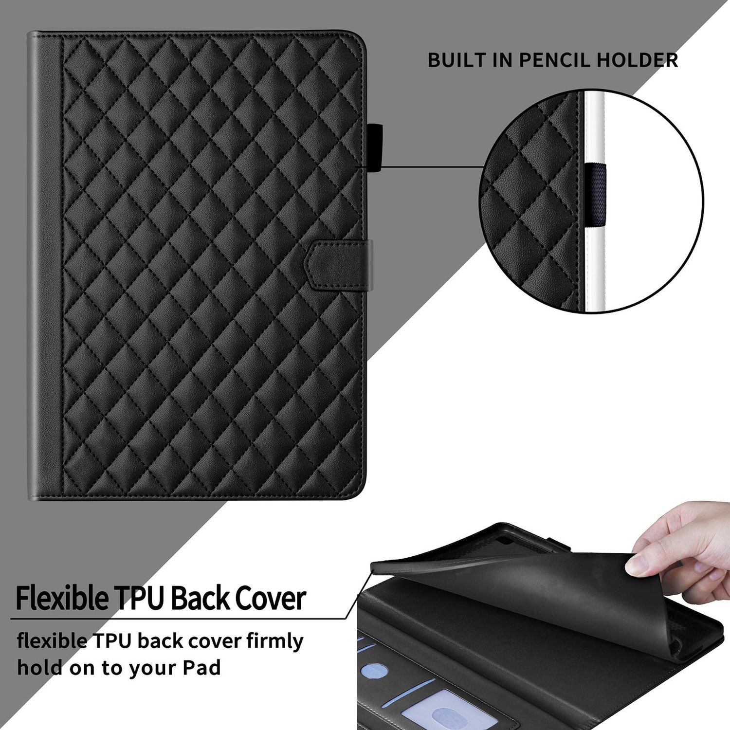 Schwarze Tablet-Hülle mit Steppmuster, Stifthalter und flexibler TPU-Rückseite.