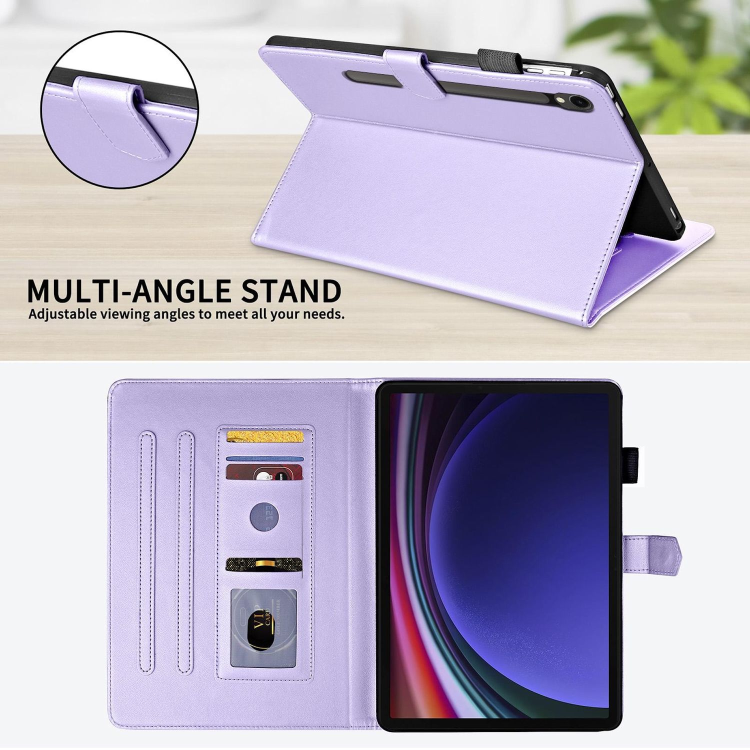 Eine hellviolette Tablethülle mit Ständer. Text: Multi-Winkel-Ständer, einstellbare Betrachtungswinkel.
