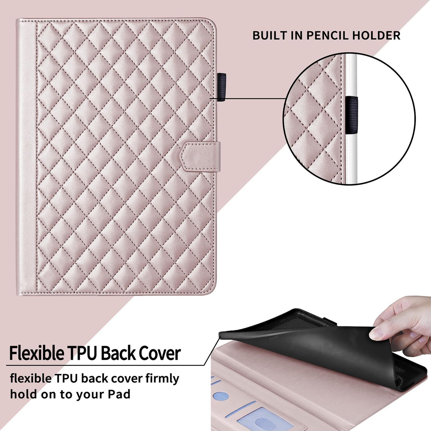 Rosa Tablet-Hülle mit Steppmuster, Stifthalter und flexibler TPU-Rückseite.