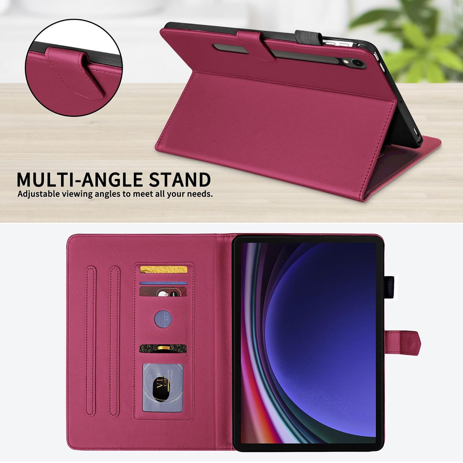 Una funda de tableta roja oscura con soporte. Texto: Soporte multiángulo, ángulos de visión ajustables.
