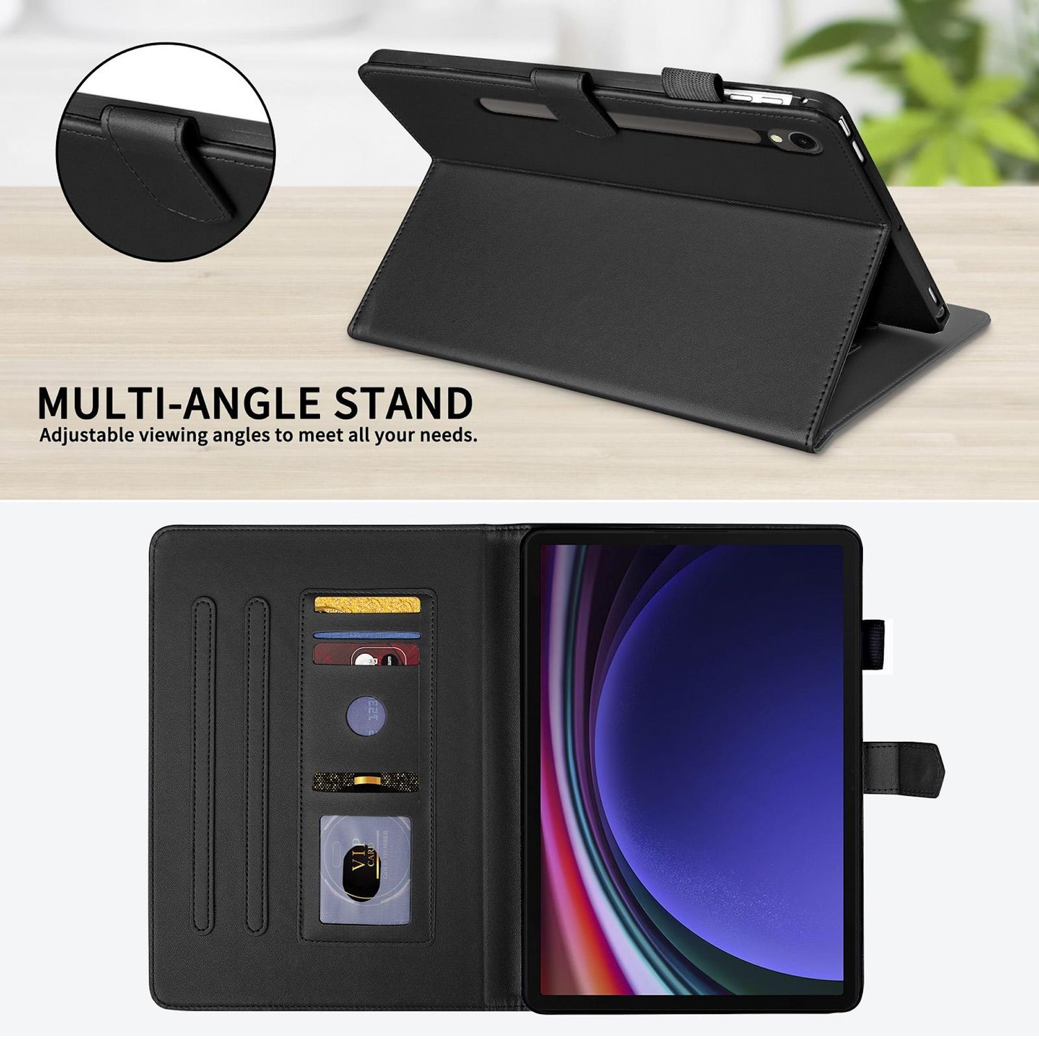Una funda de tableta negra con soporte. Texto: Soporte multiángulo, ángulos de visión ajustables.