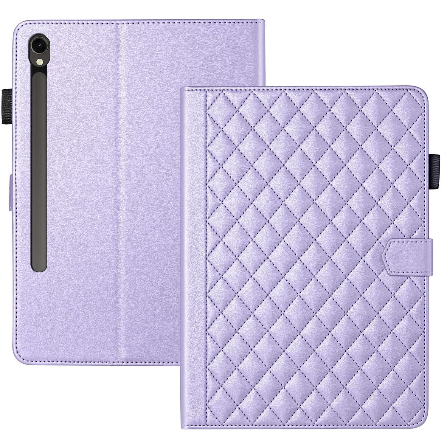 Lila Tablet-Hülle, geschlossen und geöffnet. Gestepptes Design auf dem Cover. Stifthalter links.