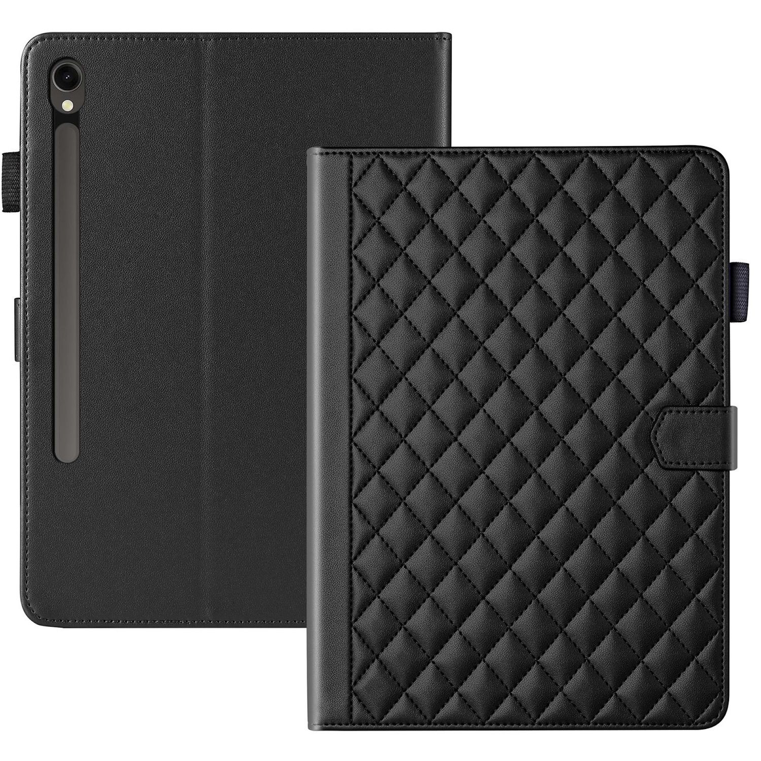 Funda negra para tableta, cerrada y abierta. Exterior acolchado con cierre magnético. Portalápices a la izquierda.