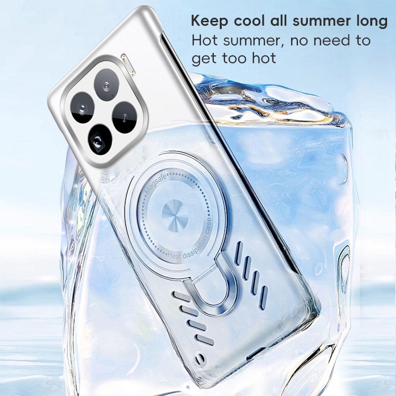 Handyhülle mit durchsichtigem Rücken in einem Glas Wasser. Der Hintergrund ist blau. Text: 'Bleib den ganzen Sommer kühl'.