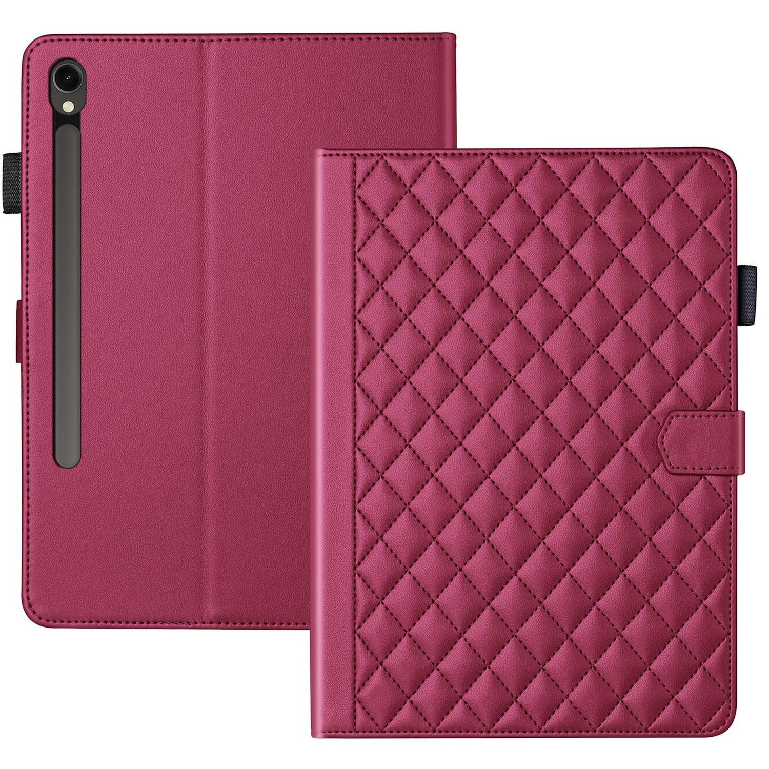 Una funda de tableta granate, abierta, con una funda acolchada. Un lápiz táctil negro está adjunto.