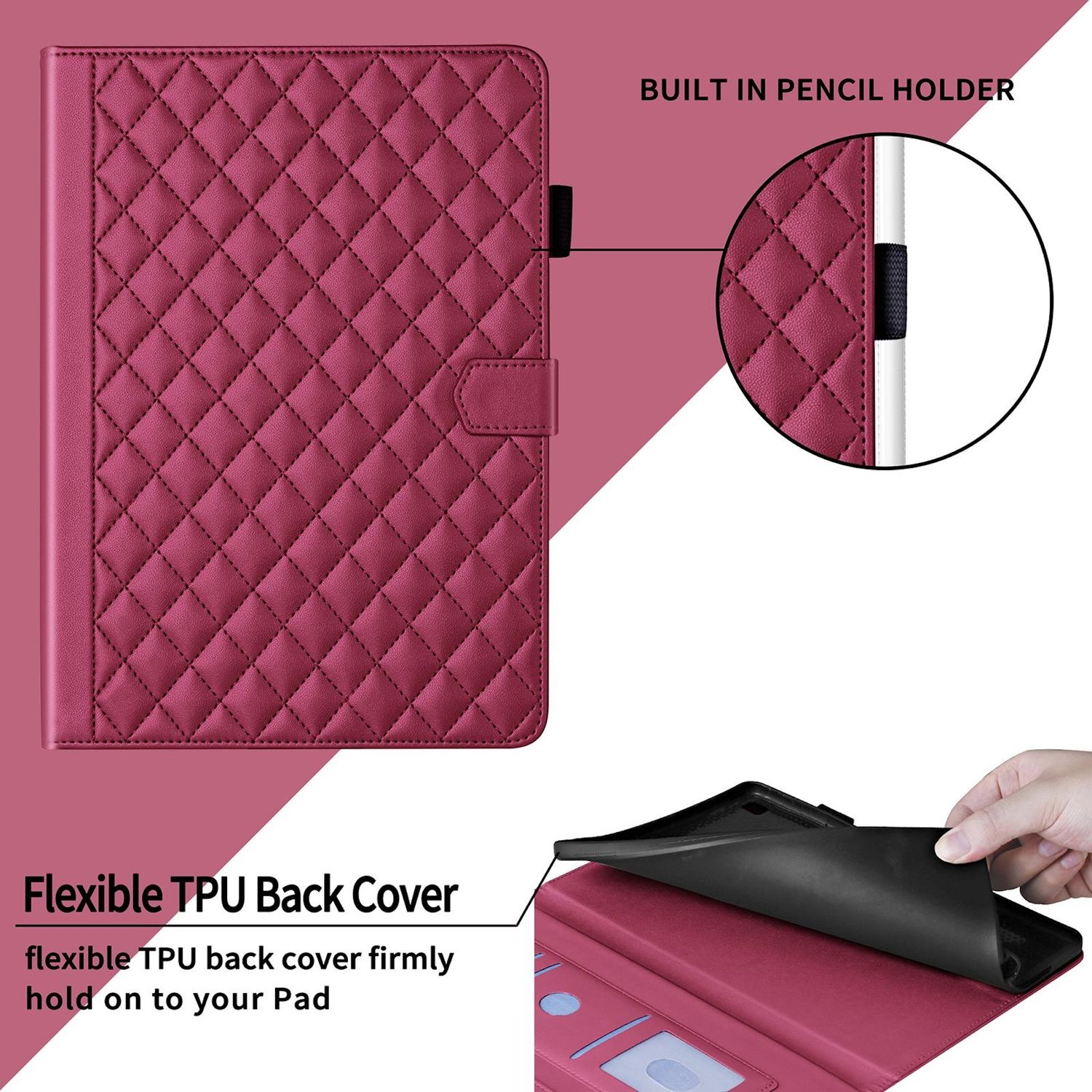 Funda de tableta granate con cubierta trasera flexible y frontal acolchado. Con portalápices y cierre magnético.