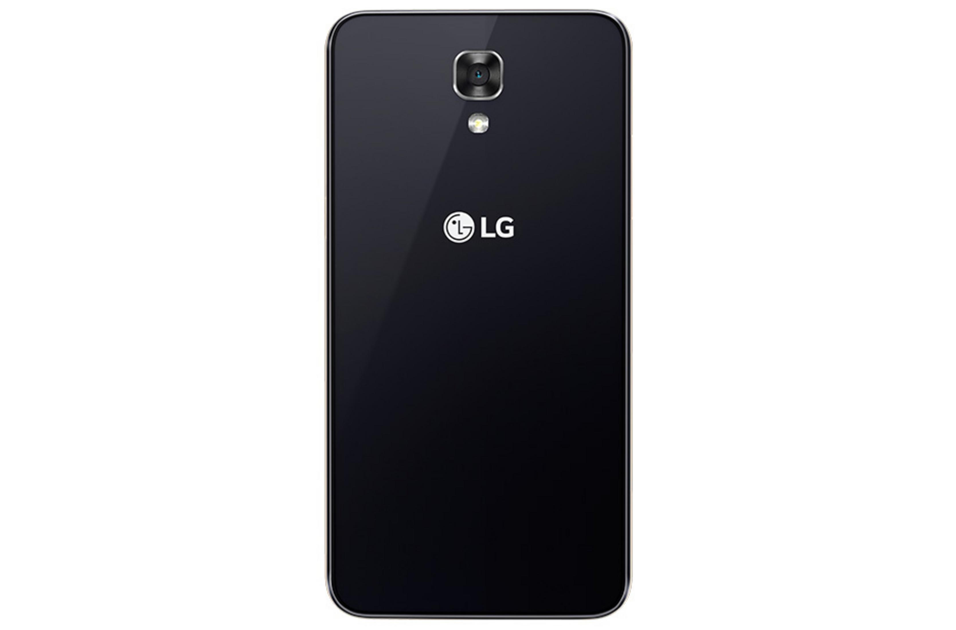 Schwarze Rückseite des LG-Telefons. Hat Kamera, Blitz und LG-Logo. Weißer Hintergrund.