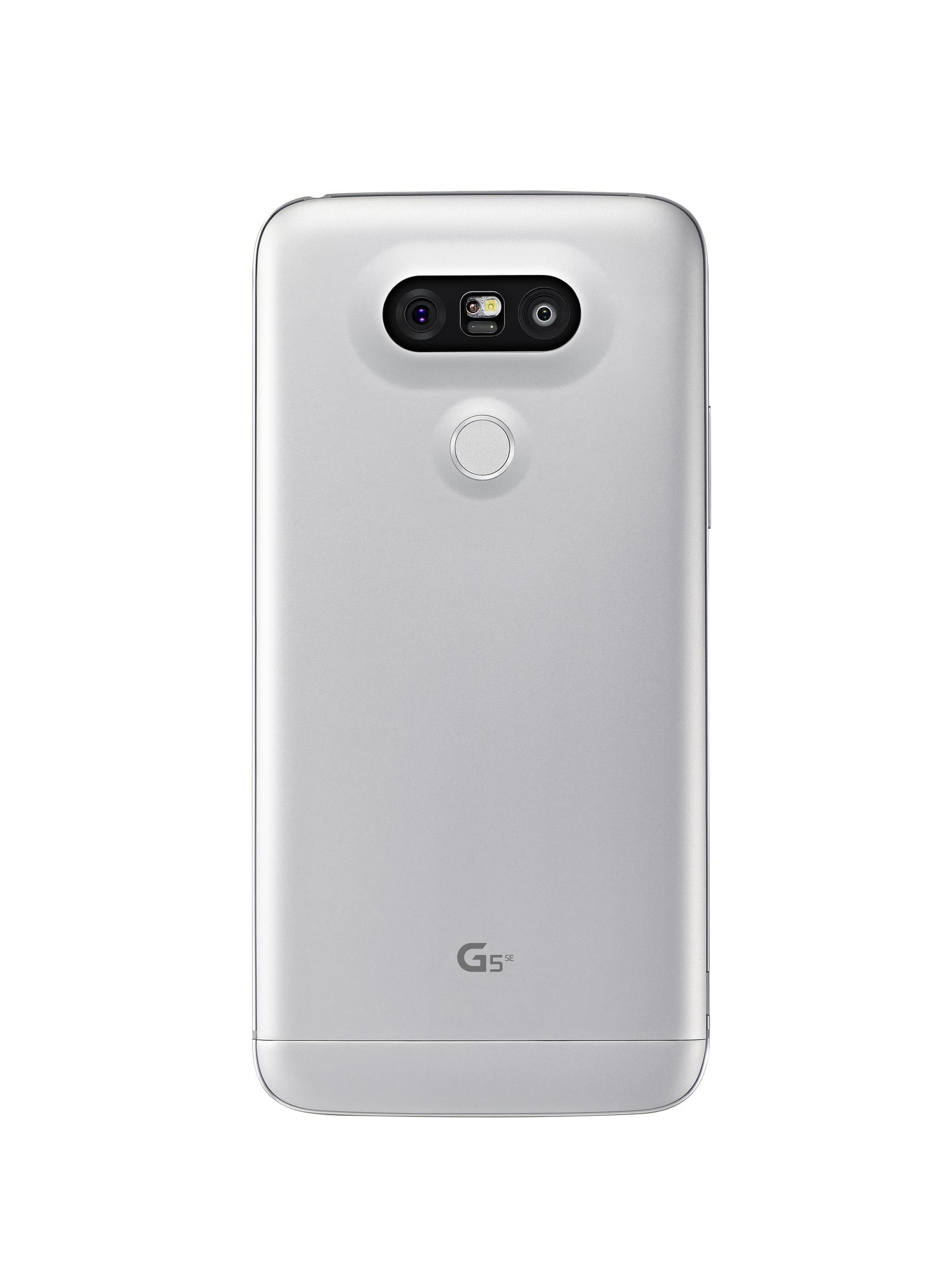 Rückseite eines silbernen Smartphones mit zwei Kameras und einem Fingerabdrucksensor. LG G5+-Logo.