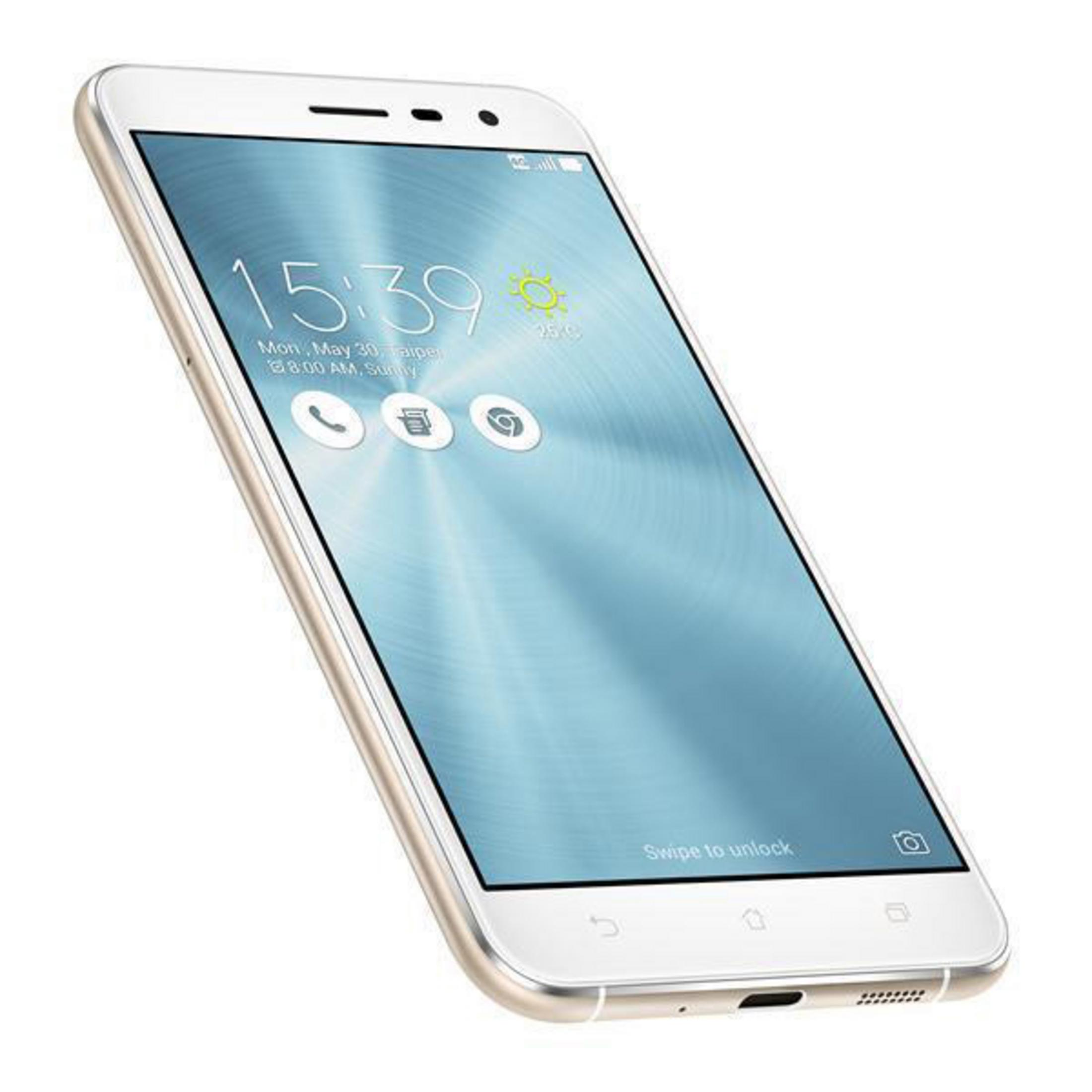 Weißes Smartphone, geneigt, zeigt Bildschirm mit Uhrzeit, Symbolen. Goldrahmen.