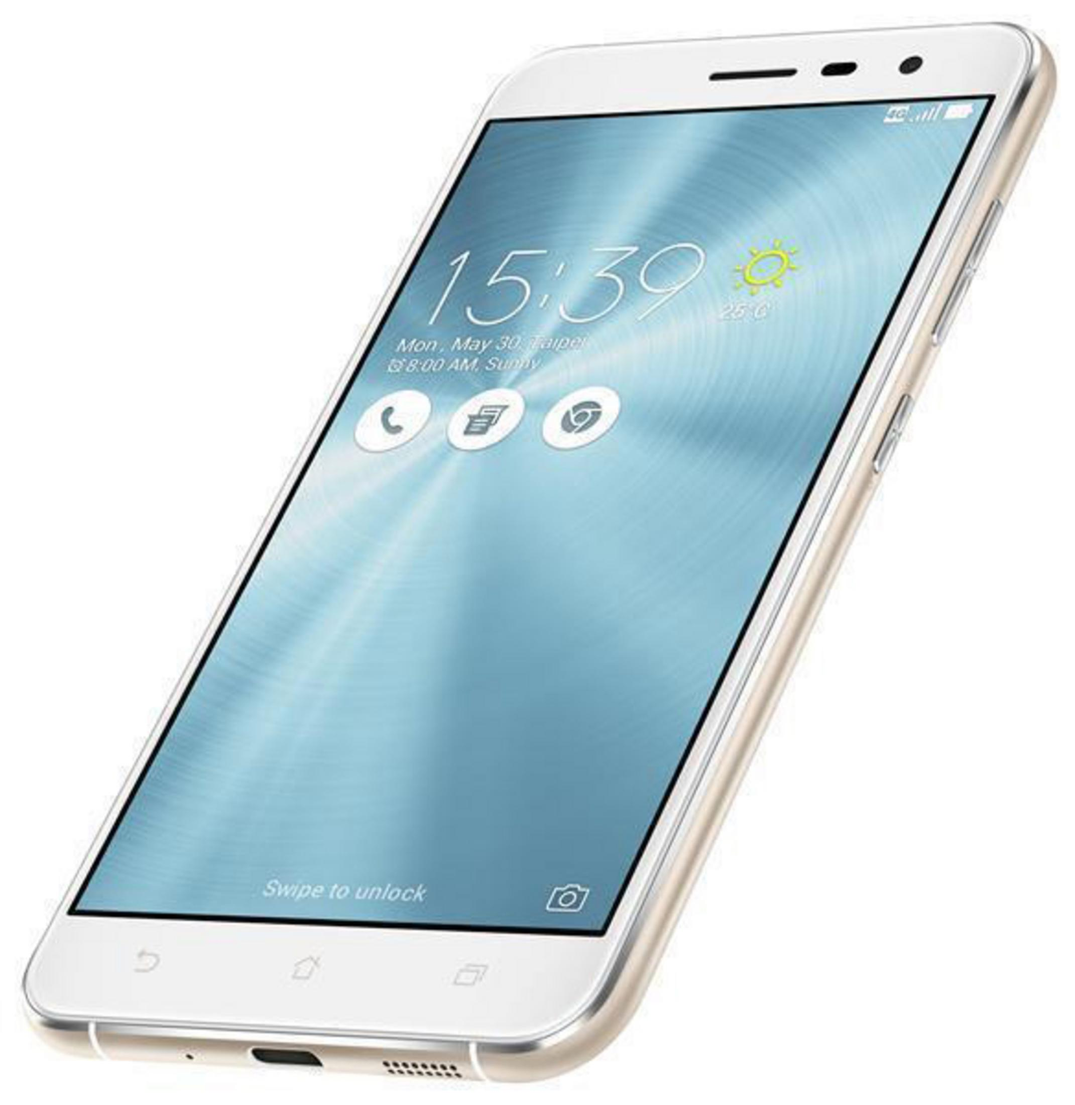 Weißes Smartphone, angewinkelt, zeigt Bildschirm mit Zeit, Symbolen. Goldrahmen.