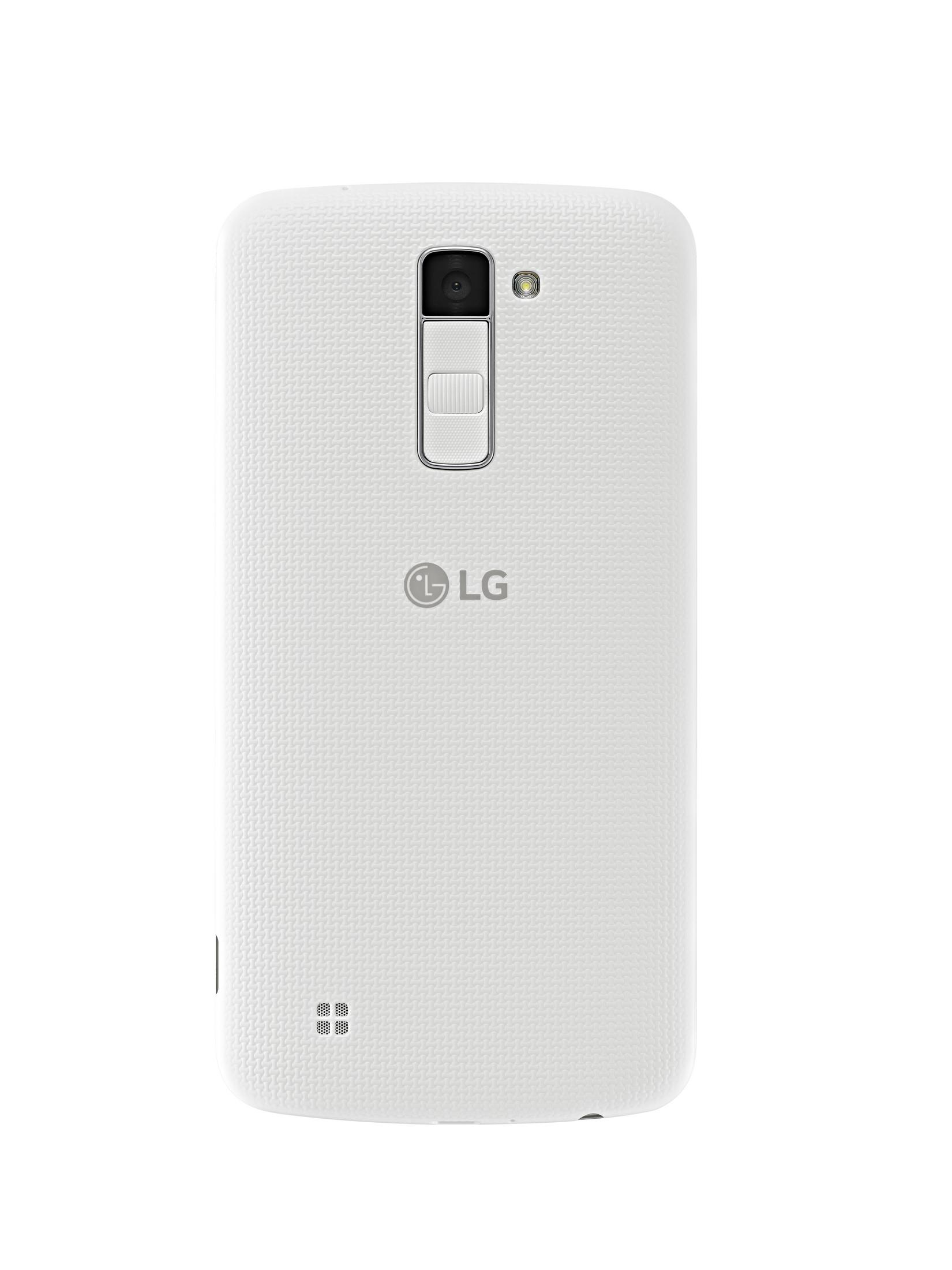 Rückseite eines weißen Smartphones mit Kamera, Blitz und einer Taste. LG-Logo.
