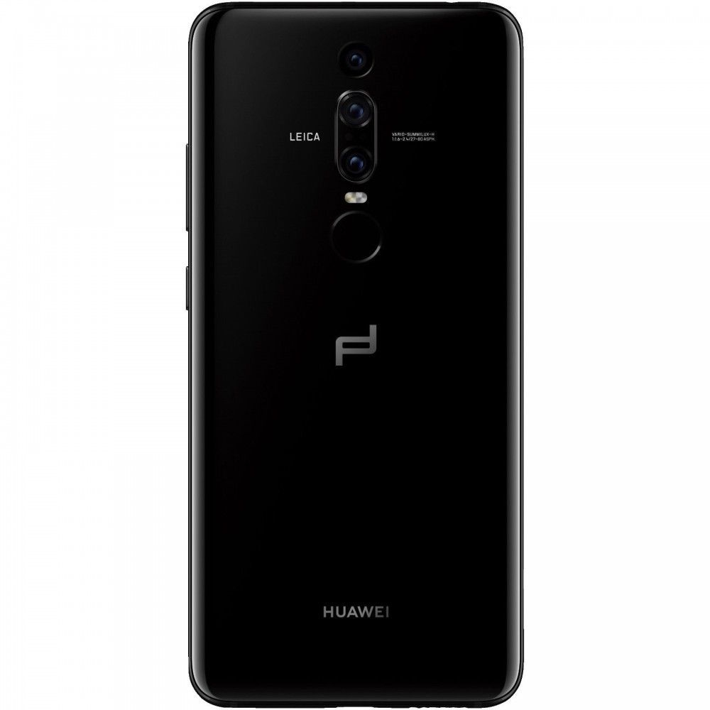 Schwarze Huawei-Telefonrückseite mit Dreifachkameras, Leica-Markenzeichen und Porsche Design Logo.