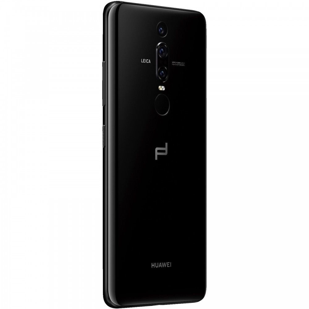 Schwarze Huawei-Telefonrückseite, Dreifachkamera, Leica-Markenzeichen und Porsche Design Logo.