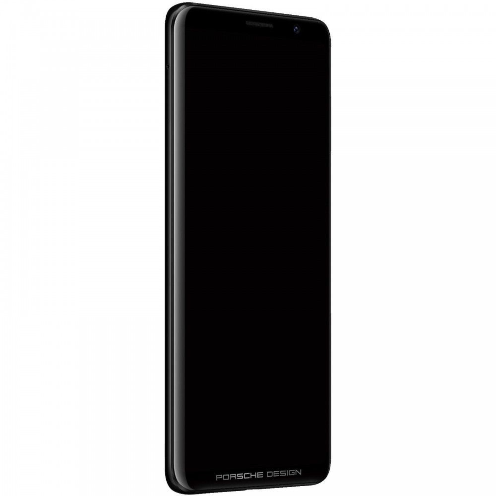 Schwarzes Porsche Design Telefon, schräg. Der Bildschirm ist schwarz, mit Porsche Design Logo sichtbar.