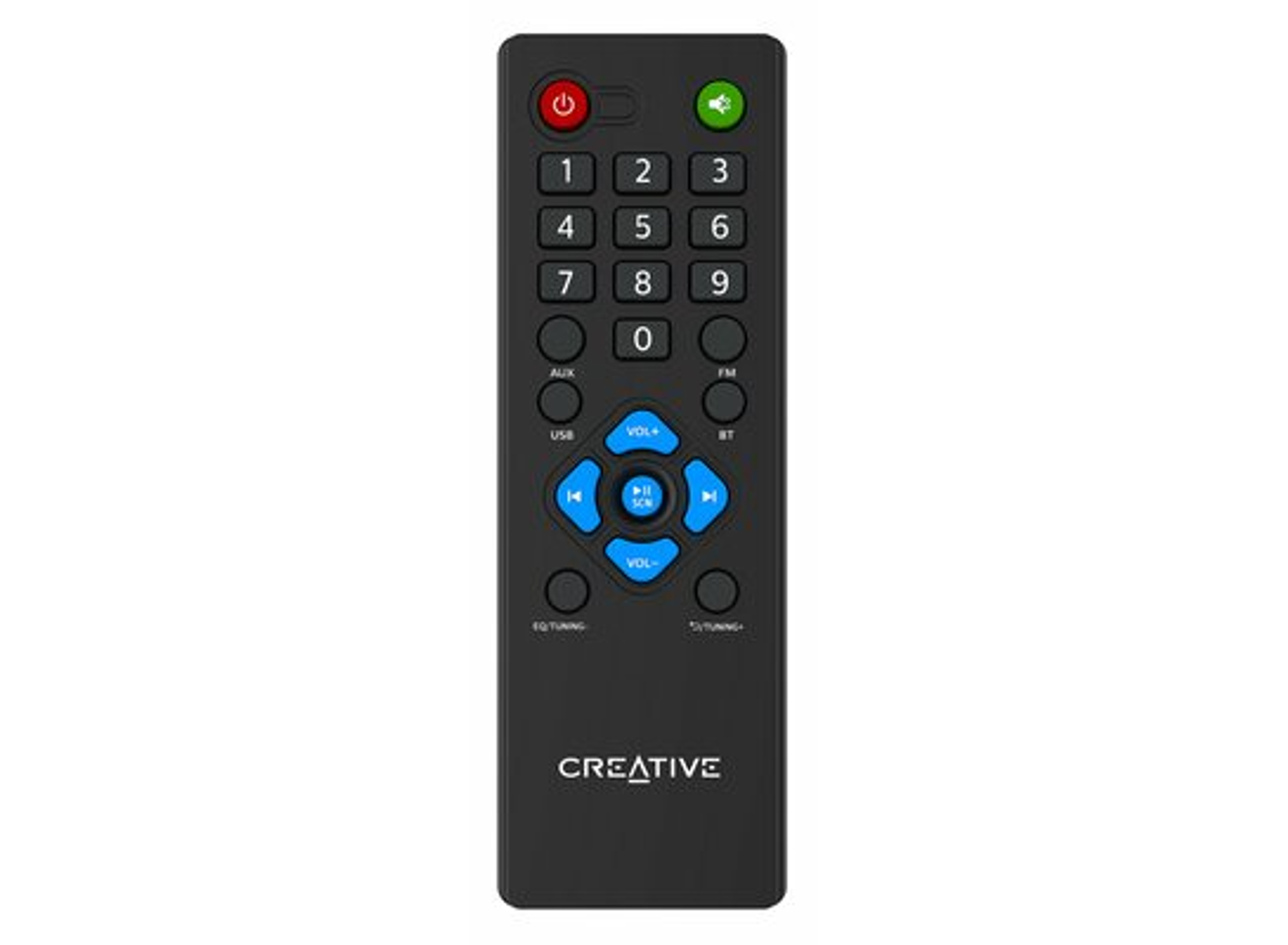 Un telecomando a marchio Creative con diversi pulsanti per accensione, volume e controlli di riproduzione.