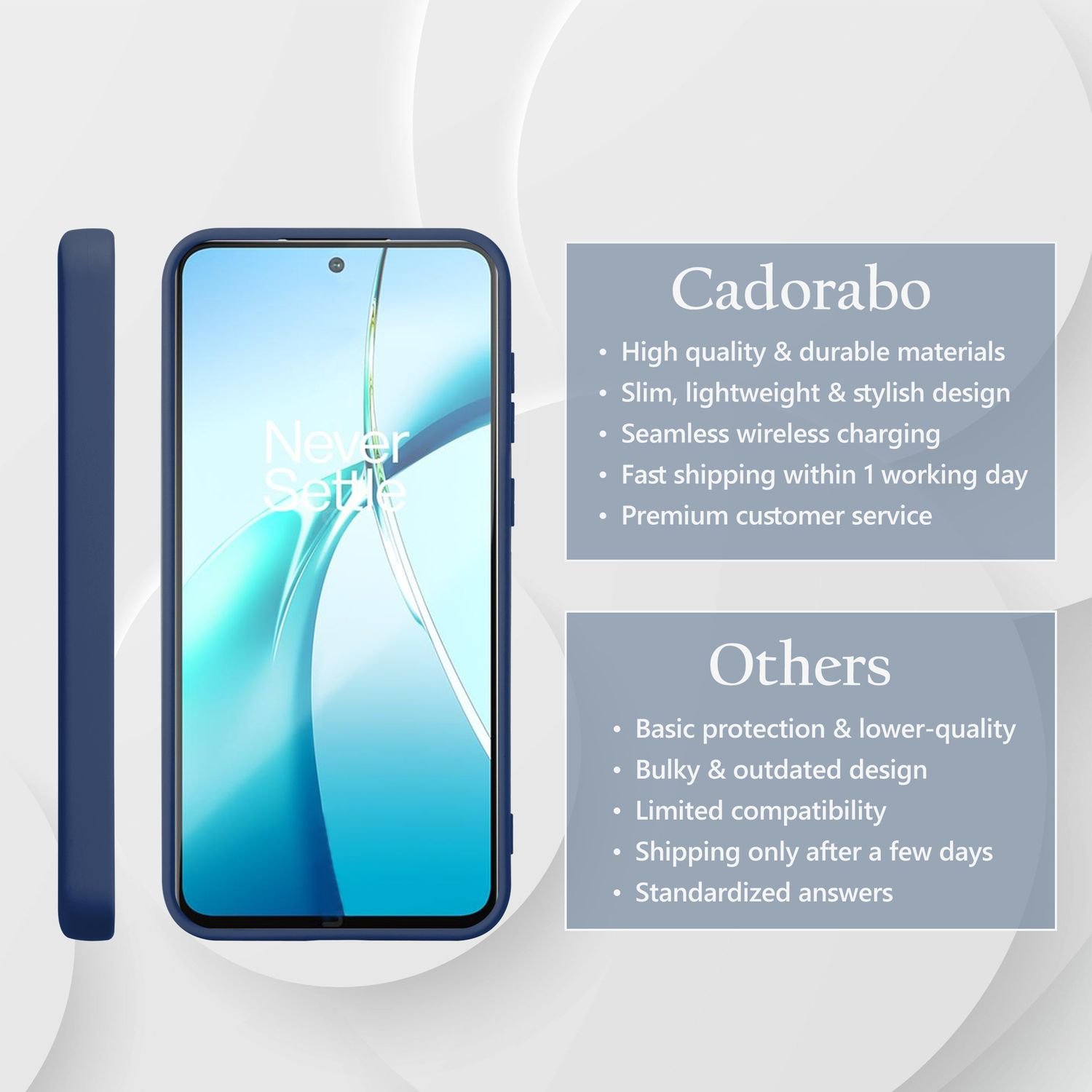Ein Telefon in einer dunkelblauen Hülle mit Funktionsliste daneben. Text: Cadorabo. Andere.