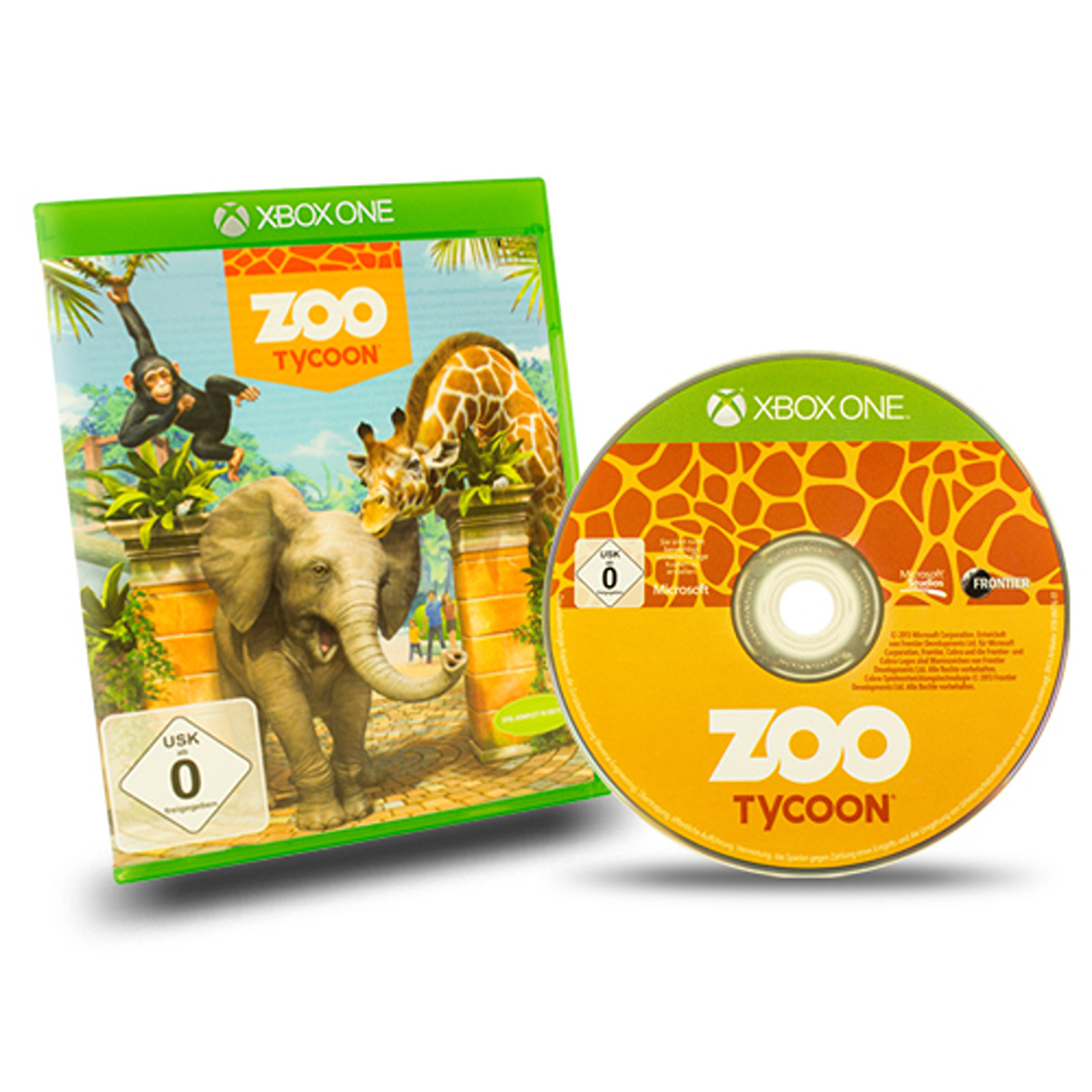 Zoo Tycoon Xbox One Spielhülle und Disc mit Tieren und Dschungelszene.