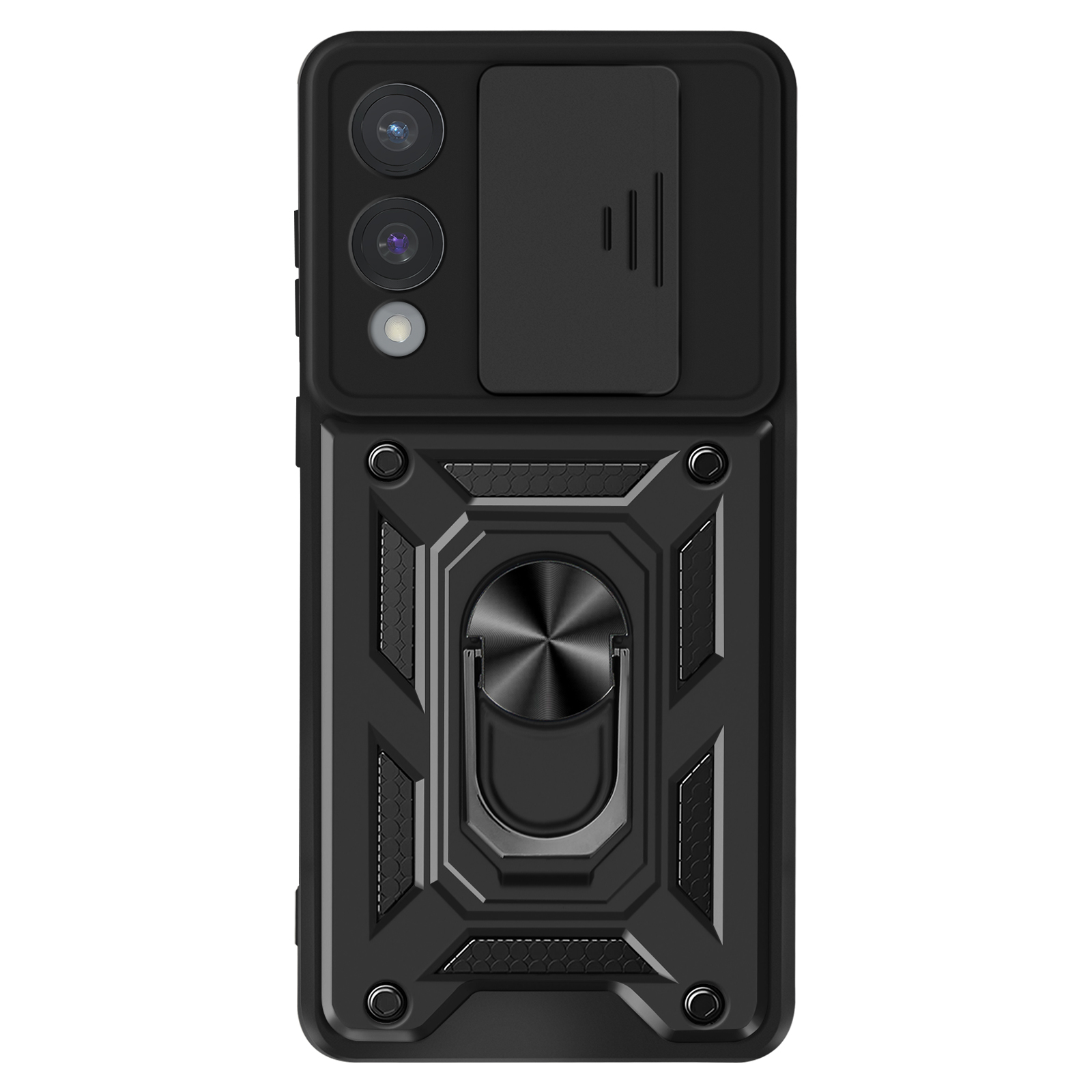 Custodia nera per telefono con anello di supporto e protezione della fotocamera. La copertura della fotocamera è chiusa.
