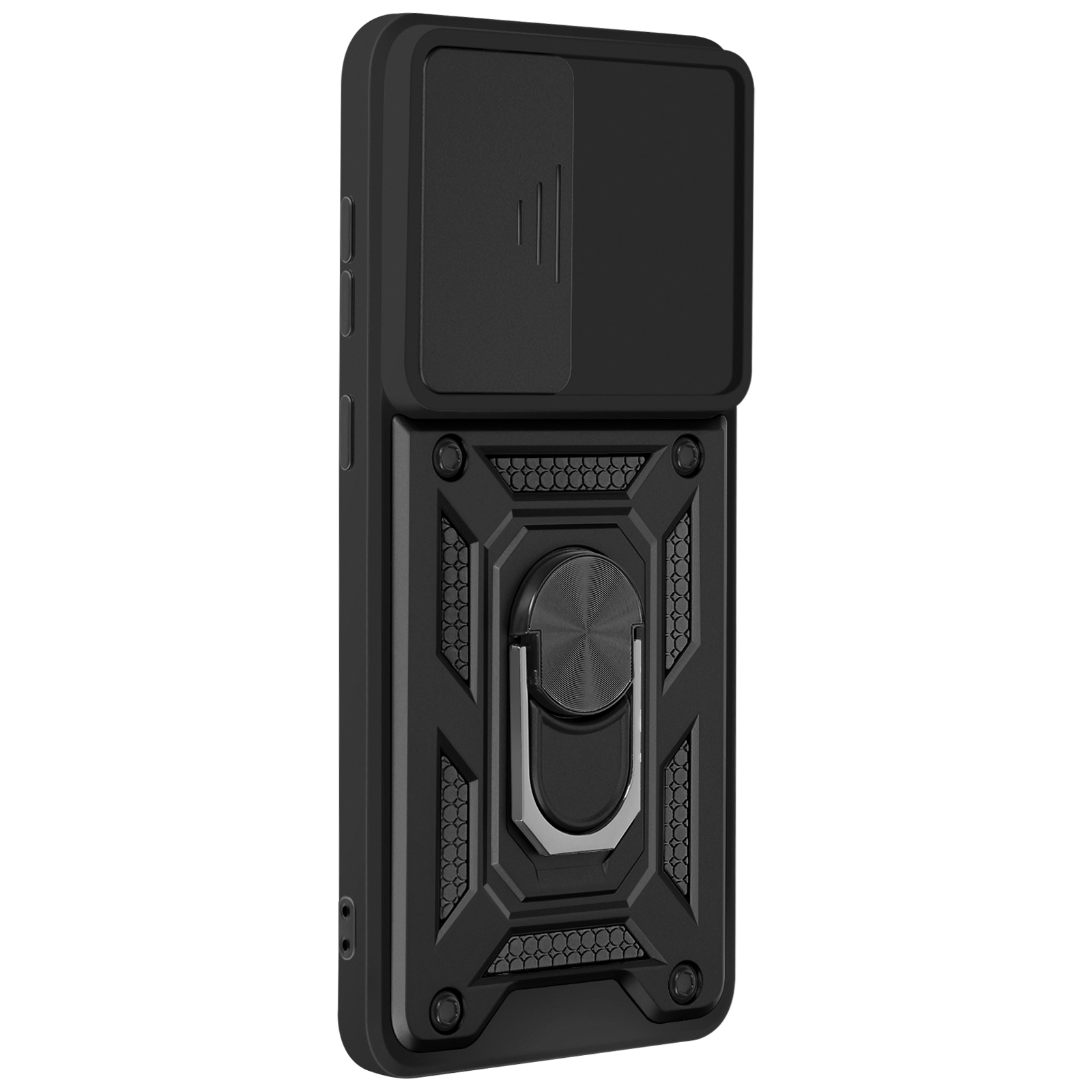 Custodia nera per telefono con anello di supporto e protezione della fotocamera. È robusta e strutturata.